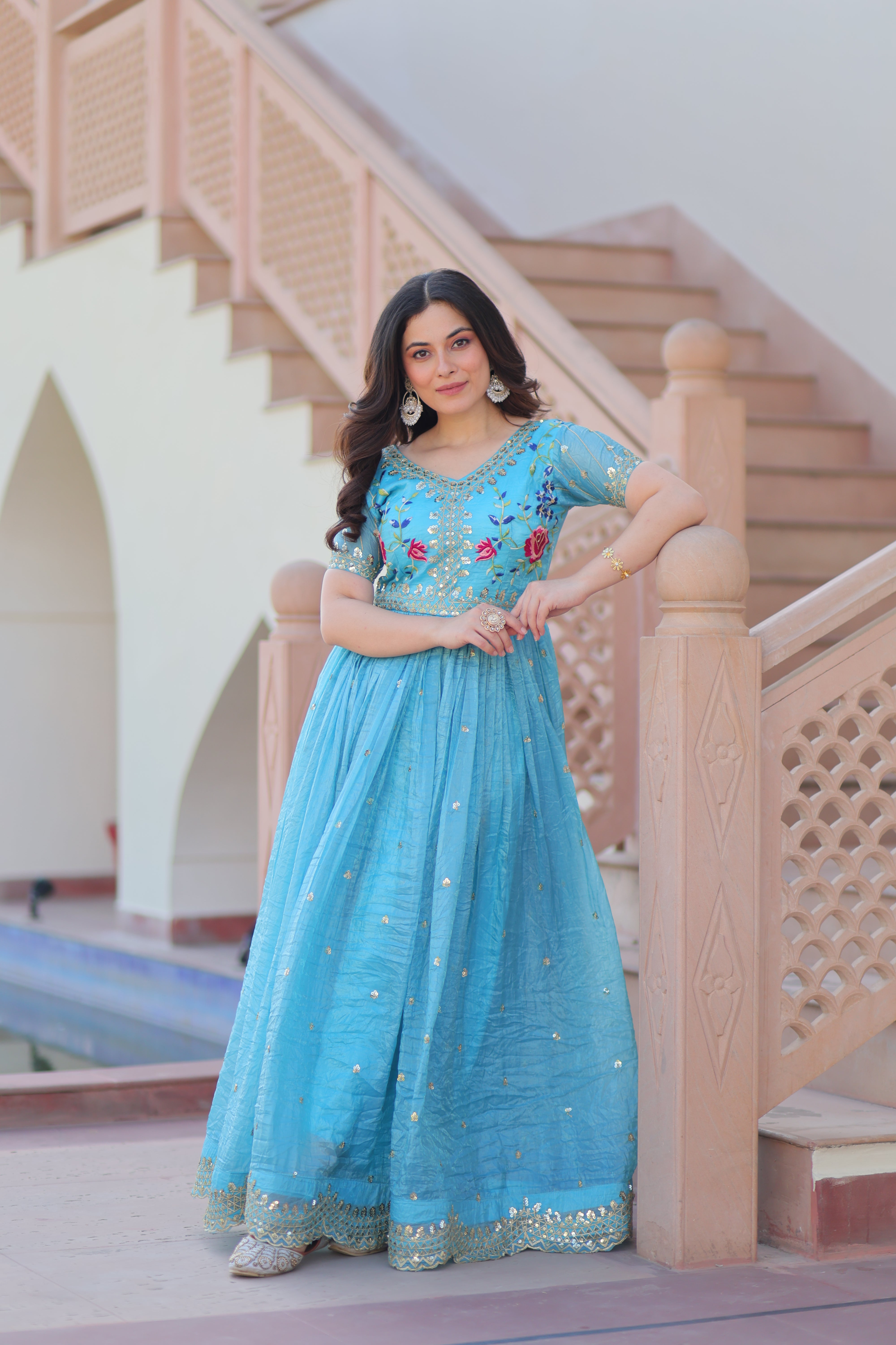 Gold Crush Embroidered Gown with Multi-Thread Zari Sequin Work – V Neck, Full Inner Lining
