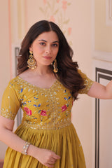 Gold Crush Embroidered Gown with Multi-Thread Zari Sequin Work – V Neck, Full Inner Lining
