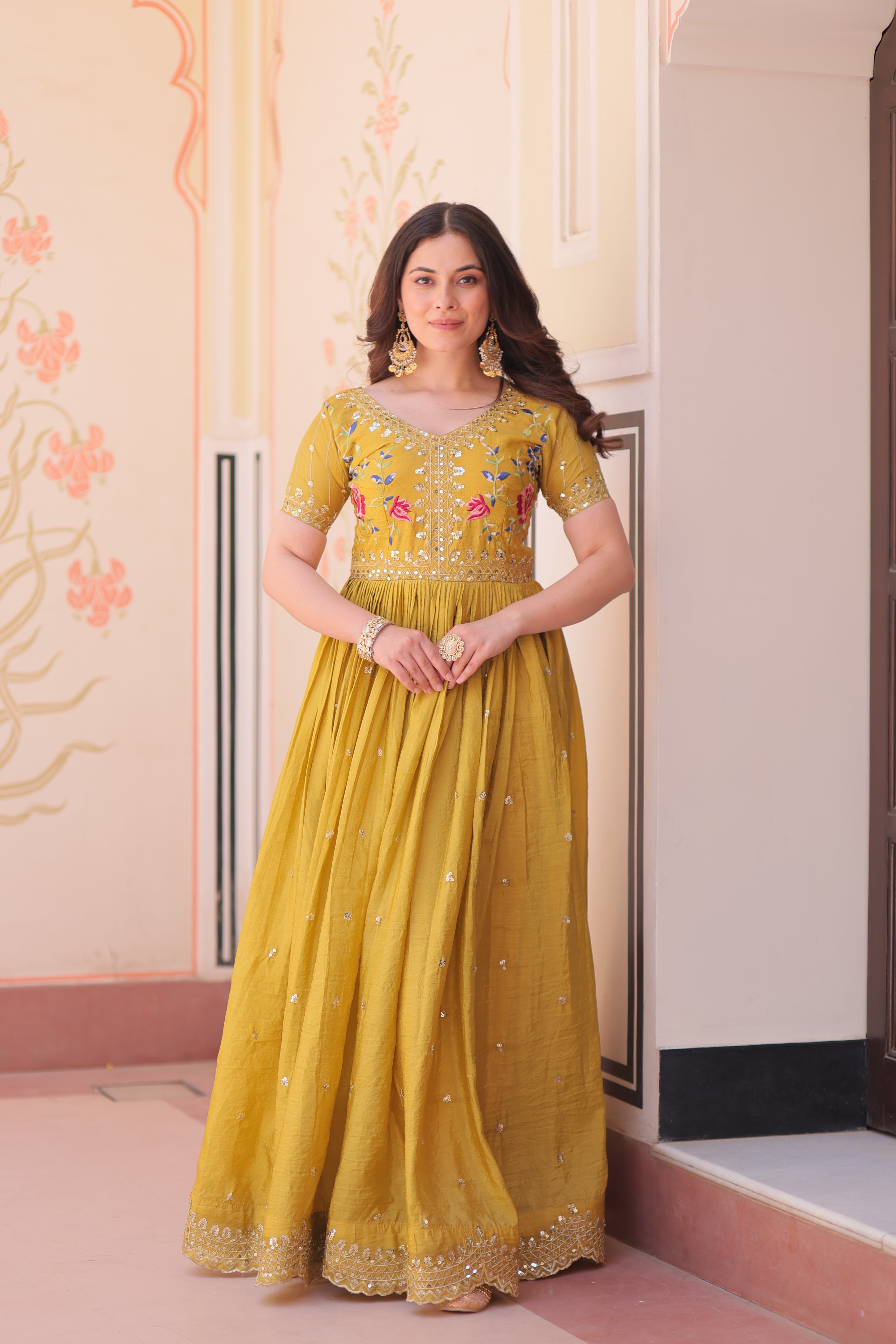 Gold Crush Embroidered Gown with Multi-Thread Zari Sequin Work – V Neck, Full Inner Lining