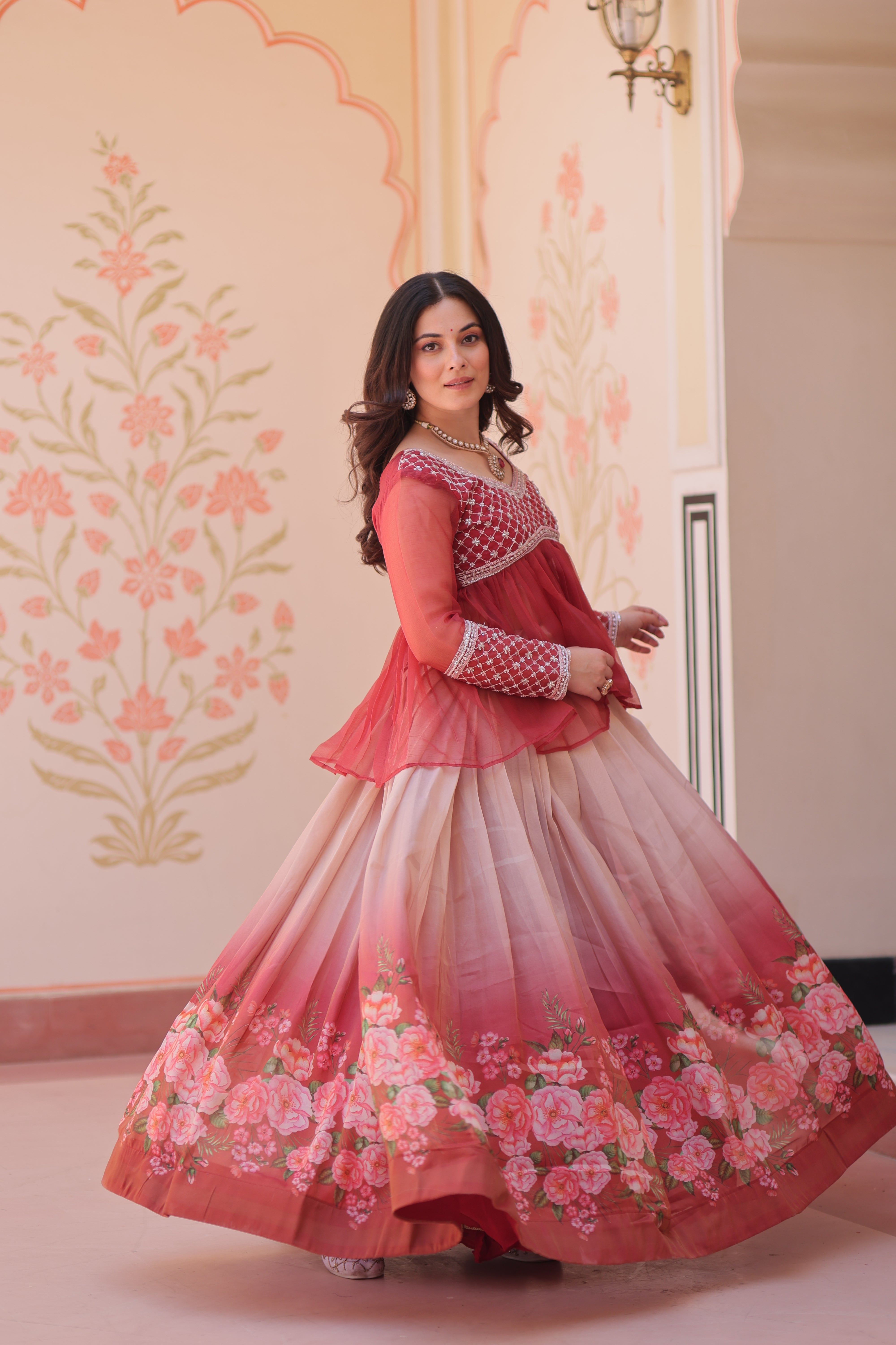 Elegant Purple Cosmos Printed Lehenga Choli with Bead Embroidered Peplum Top – Full Stitched Set