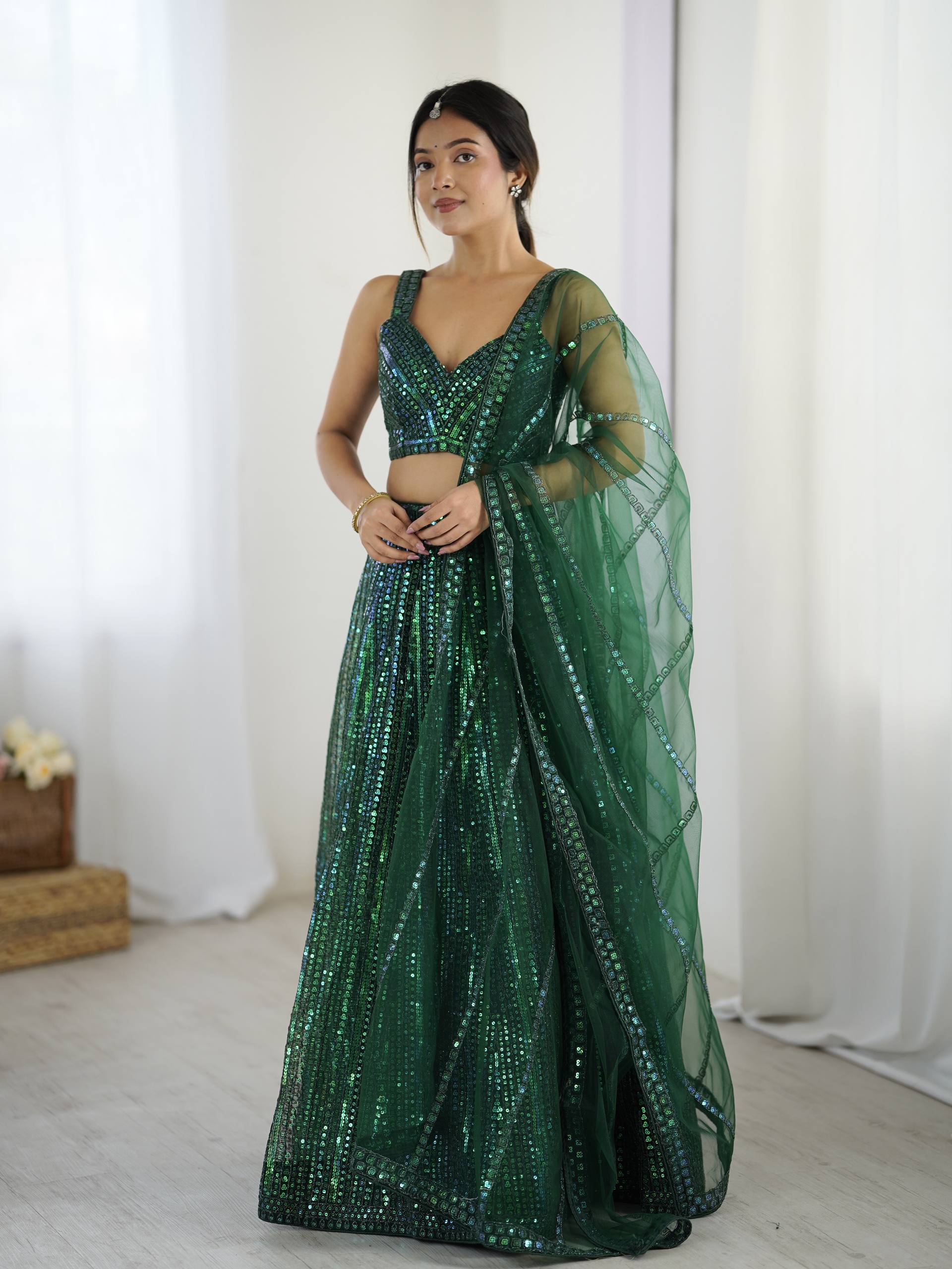 Elegant Net Lehenga | Rainbow Sequins & Dori Work | Wedding & Party Wear