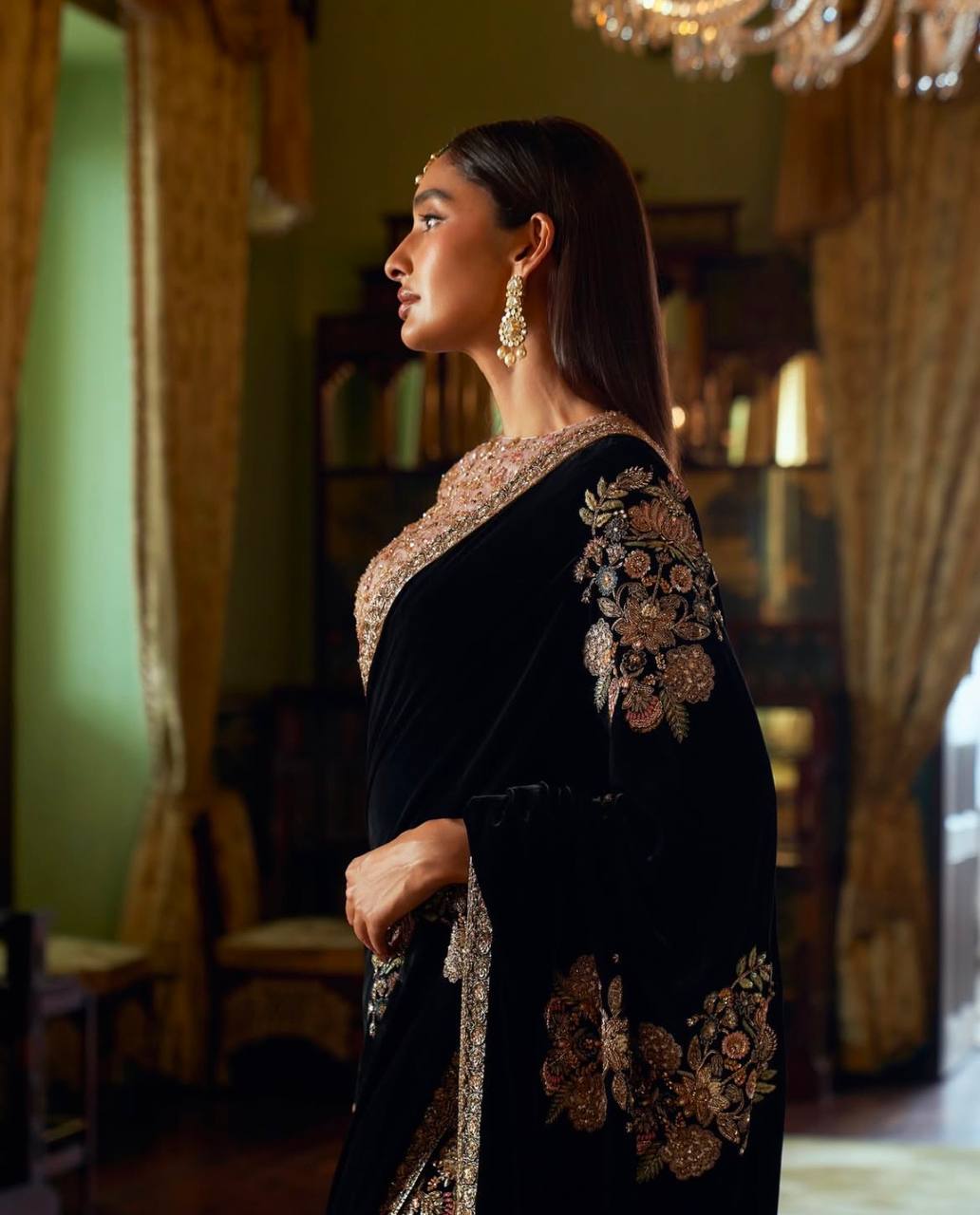 Velvet & Net Saree with Sequins, Thread & Dori Embroidery – Party & Wedding Ready