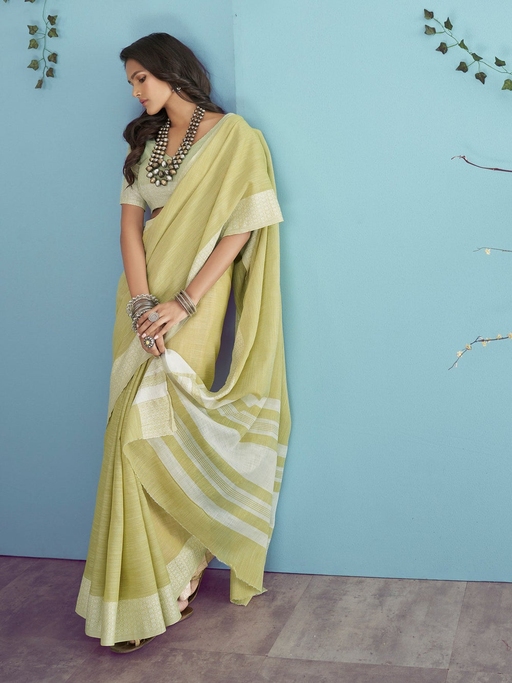 Enchanting Limegreen Linen Silk Saree with Chikankari Border for Parties and Weddings