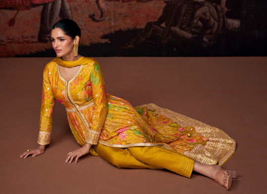 Yellow Georgette Wedding Wear Salwar Suit Collection with Net Dupatta
