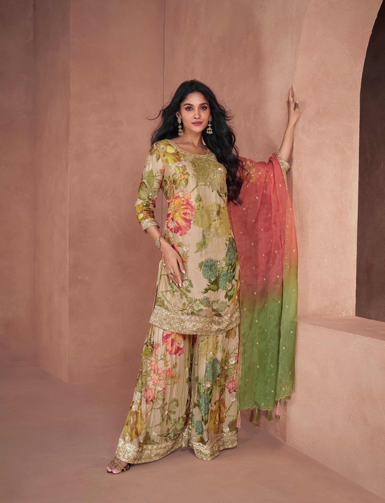 Mehendi Hues: Stunning Real Georgette and Chinon Silk Sharara Salwar Suit for Parties and Weddings