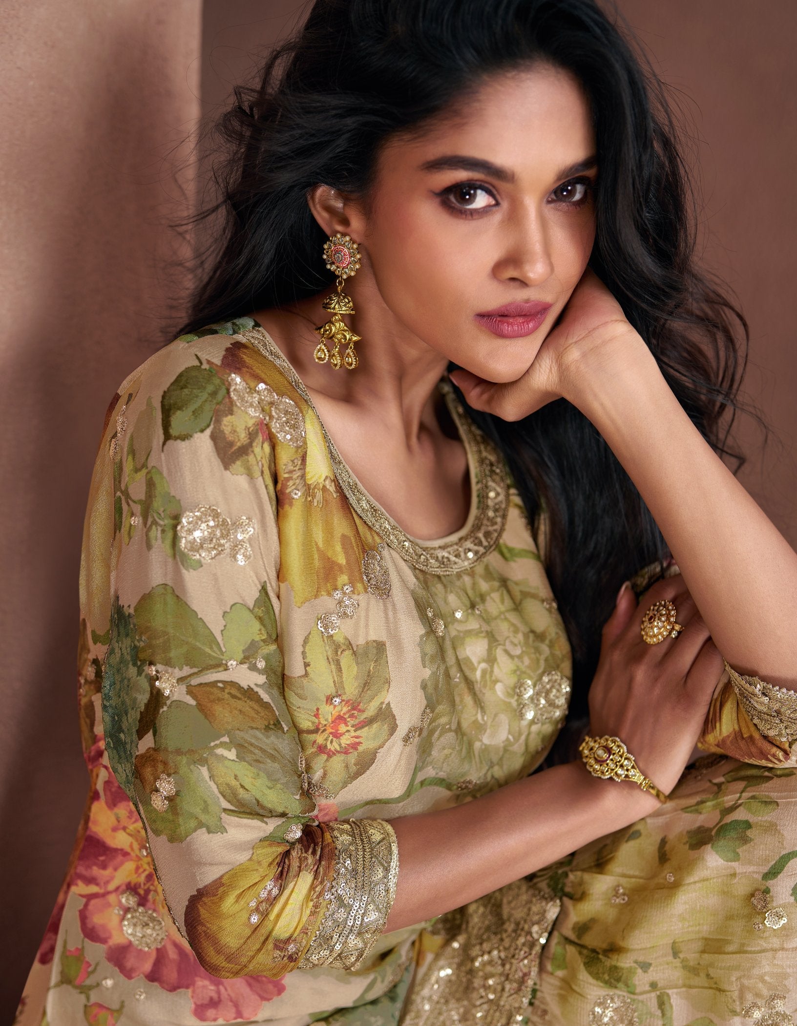 Mehendi Hues: Stunning Real Georgette and Chinon Silk Sharara Salwar Suit for Parties and Weddings