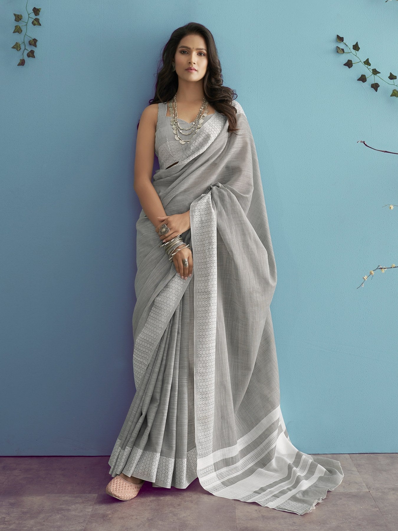 Graceful Grey Linen Silk Saree with Chikankari Border for Party & Wedding