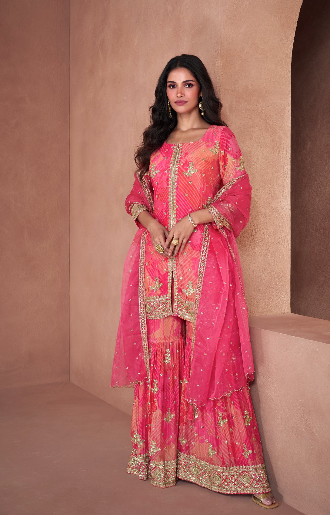 Enchanting Pink Georgette and Chinon Silk Sharara Salwar Suit for Parties and Weddings