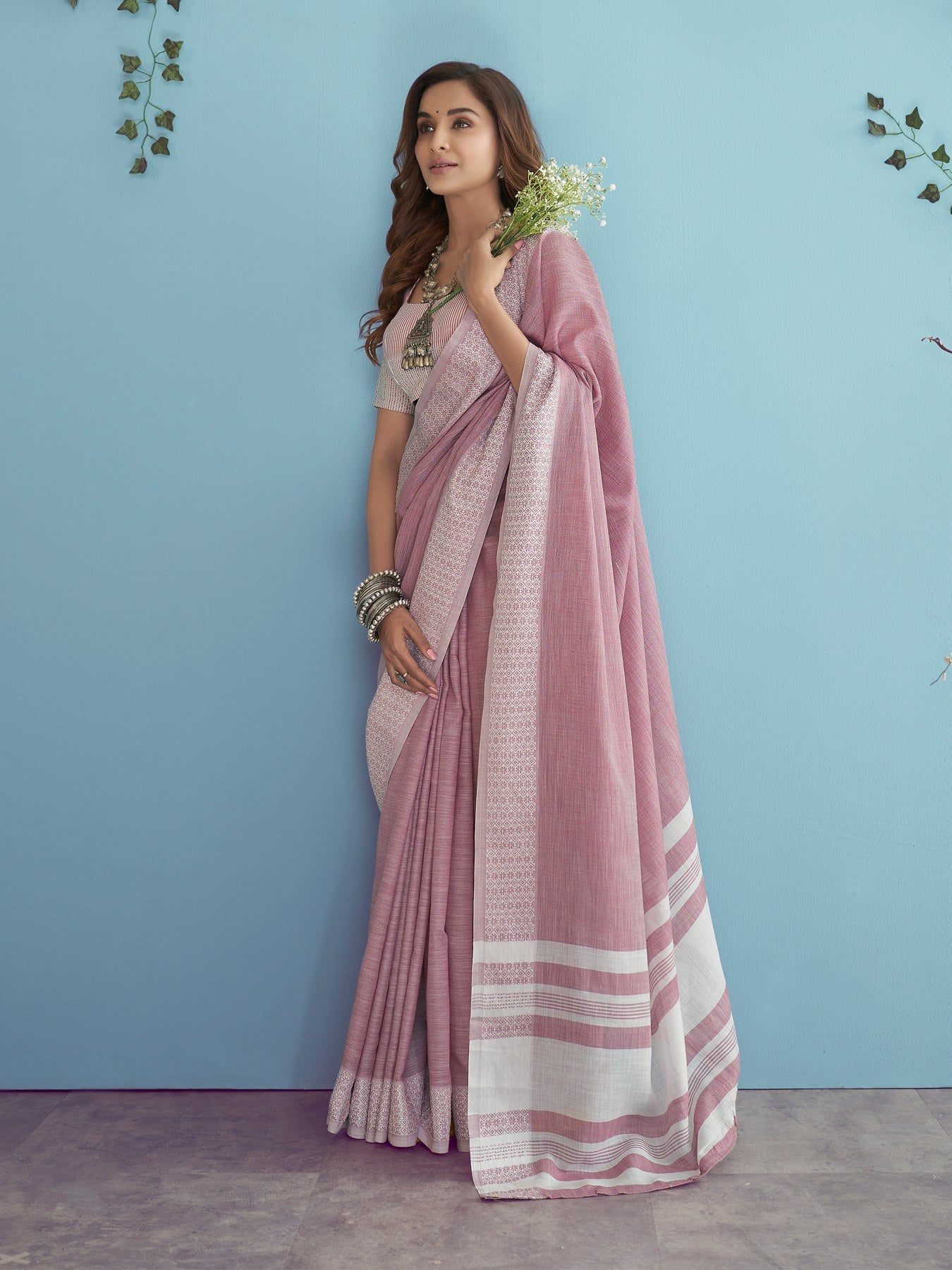 Enchanting Pink Linen Silk Saree with Chikankari Border for Parties and Weddings