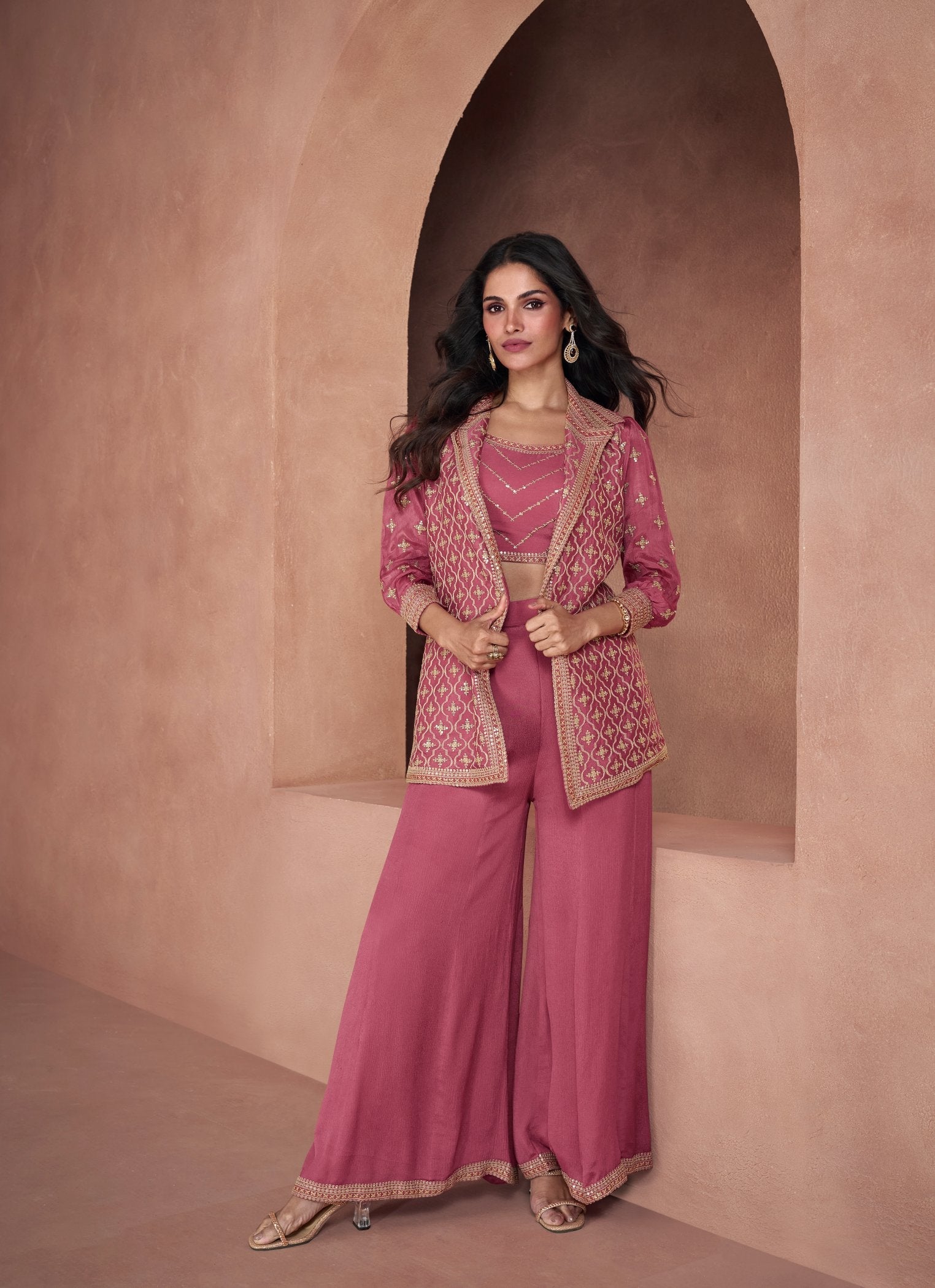 Enchanting Dark Pink Sharara Salwar Suit in Real Georgette and Chinon Silk for Party & Wedding