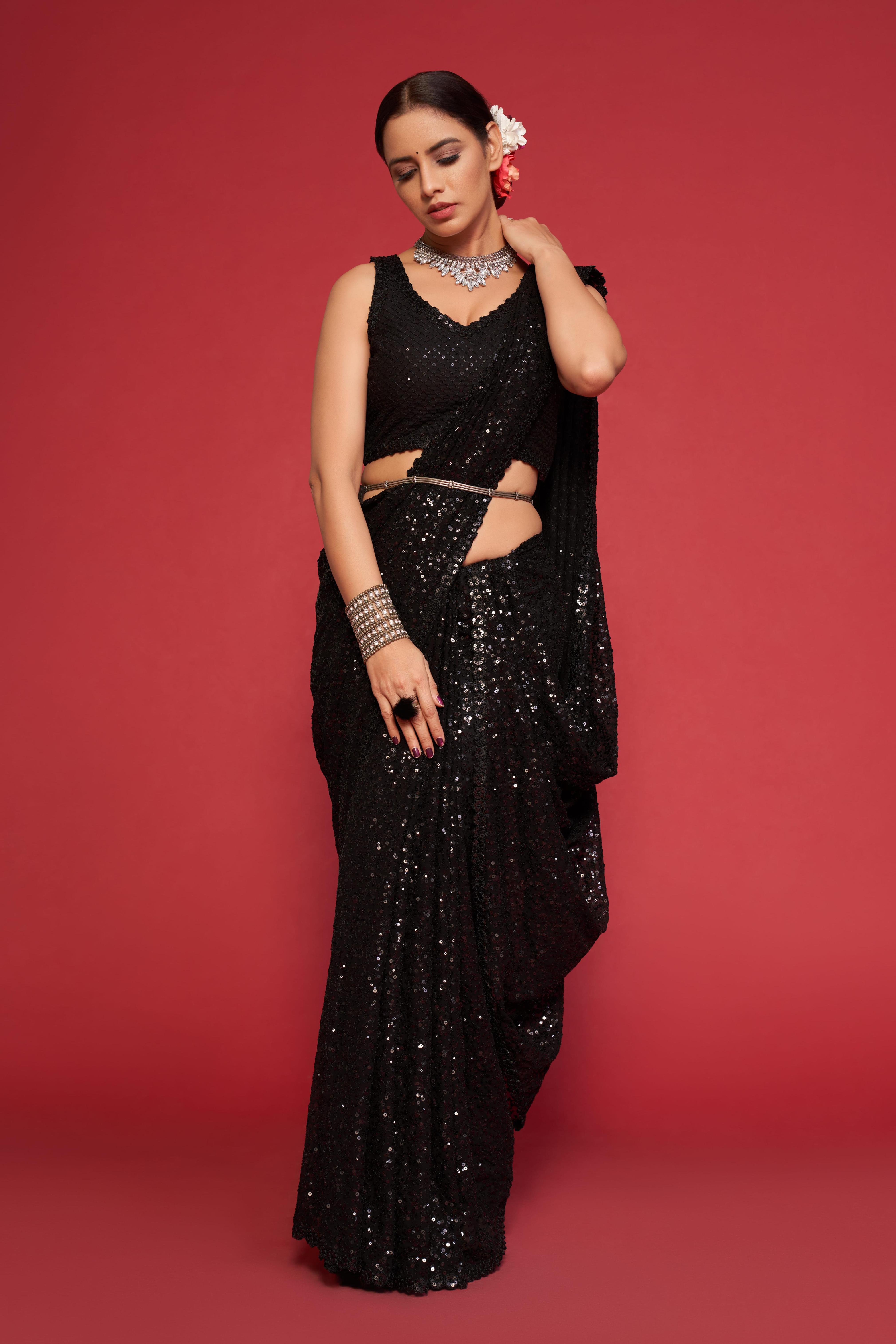Georgette Glam: Thread and Sequins Embroidered Saree with Versatile Blouse Options