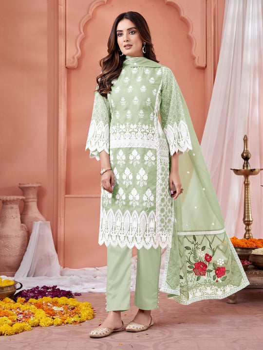 Elegant Green Soft Organza Salwar Suit with Santool Bottom for Weddings & Parties