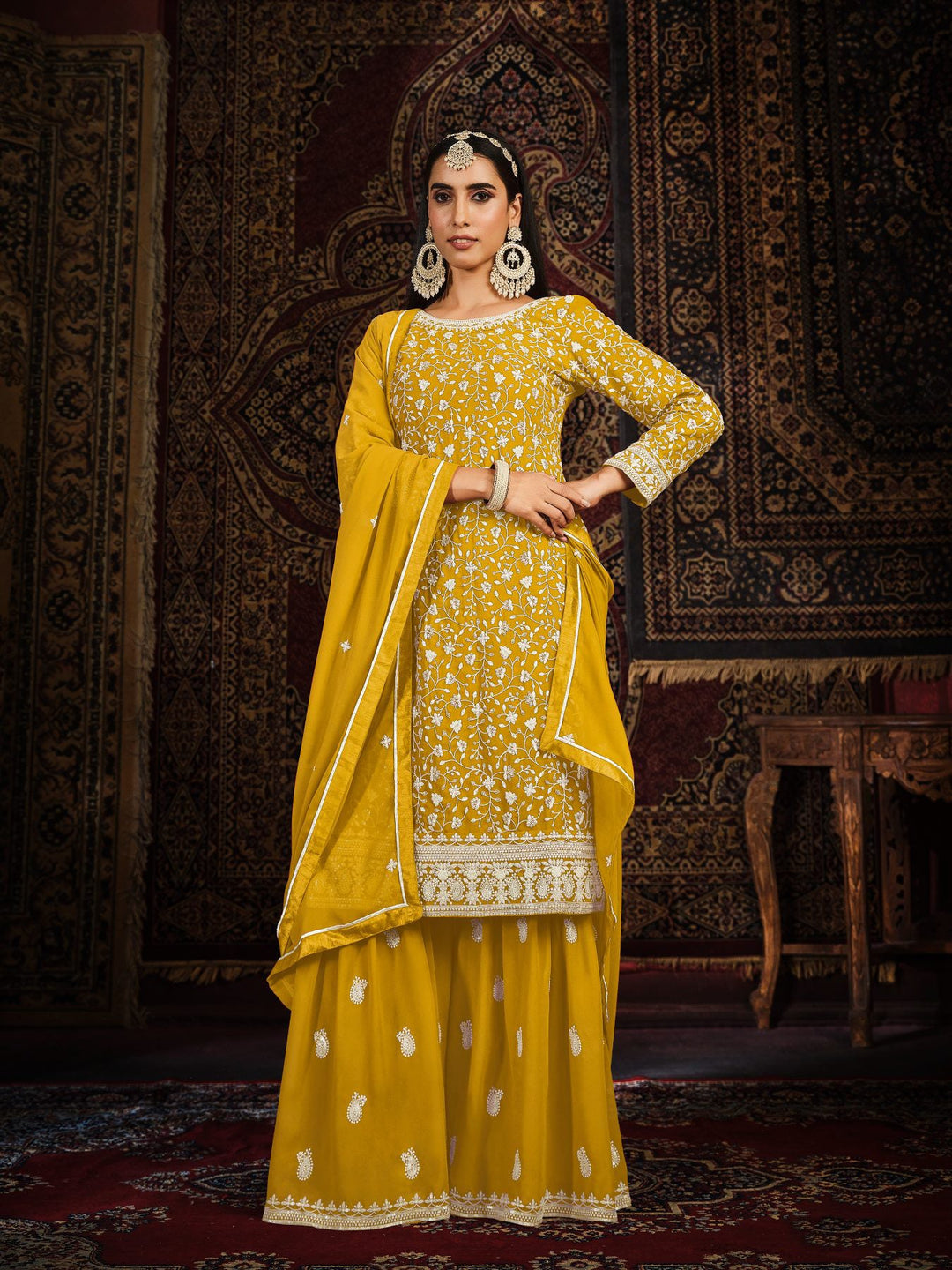 Yellow Faux Georgette Sharara Suit: Perfect for Weddings & Parties!