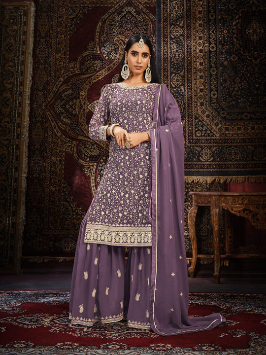 Elegant Purple Sharara Suit in Faux Georgette for Weddings & Parties
