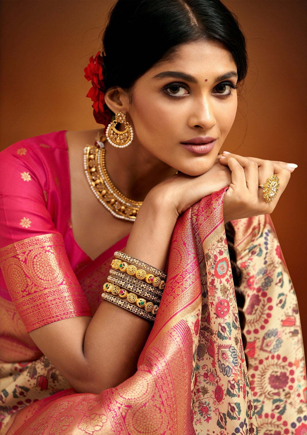 Ethereal Skin-Toned Kalamkari Saree: Banaras Elegance Draped in Artistic Splendor