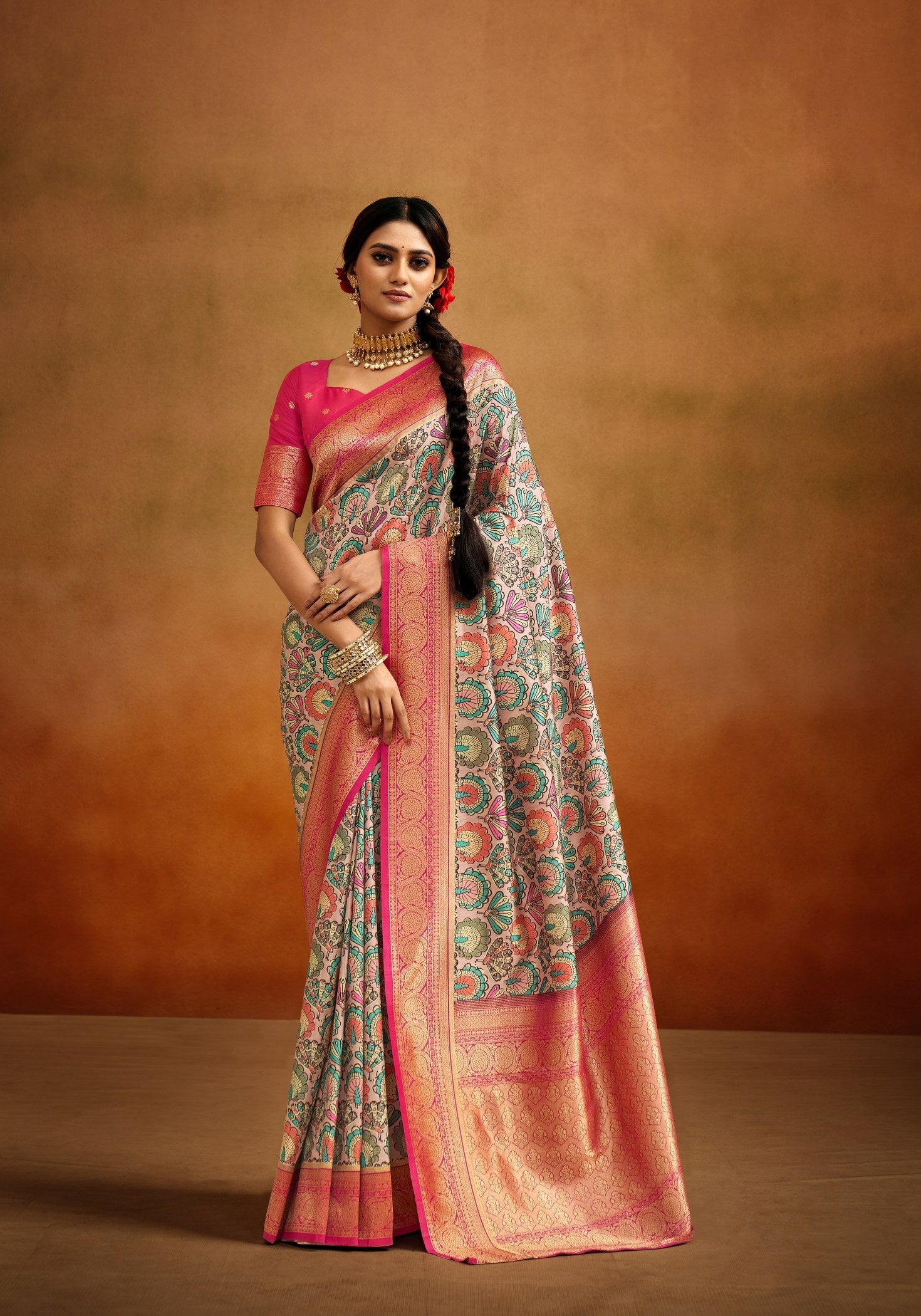 Elegance Unveiled: Pink-Multi Color Kalamkari Saree from Banaras