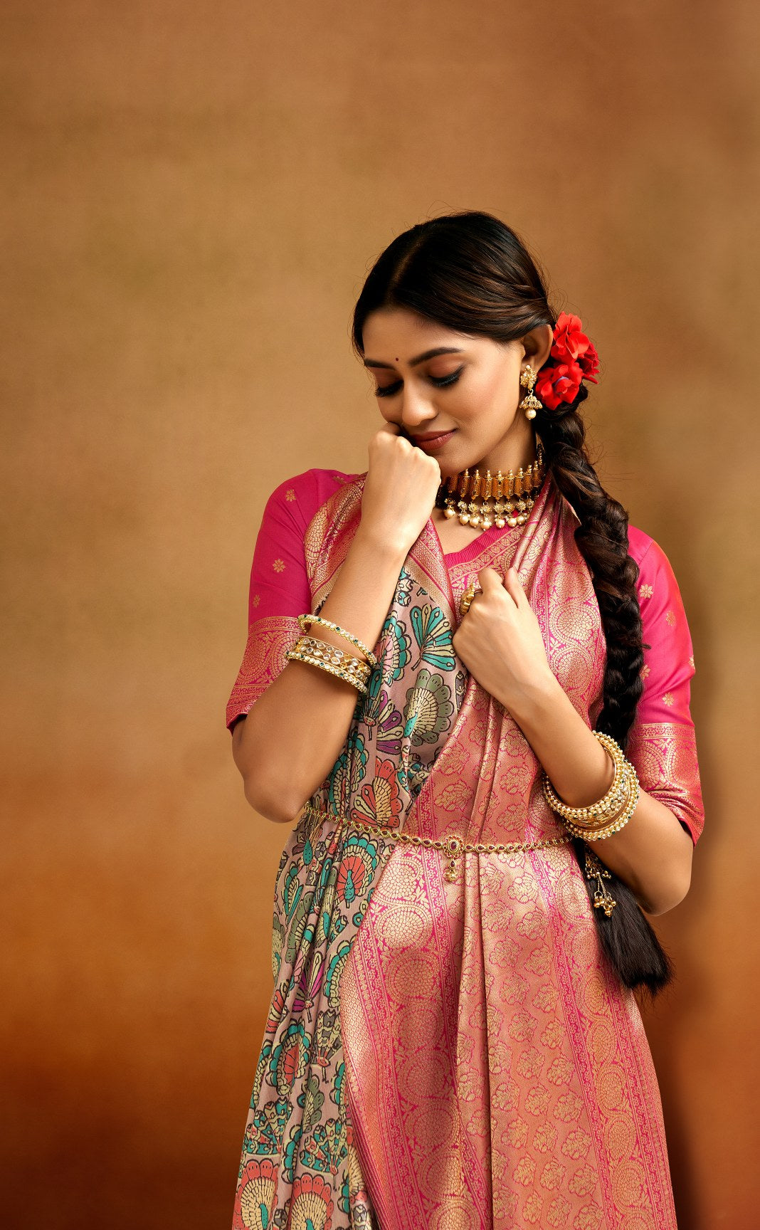 Elegance Unveiled: Pink-Multi Color Kalamkari Saree from Banaras