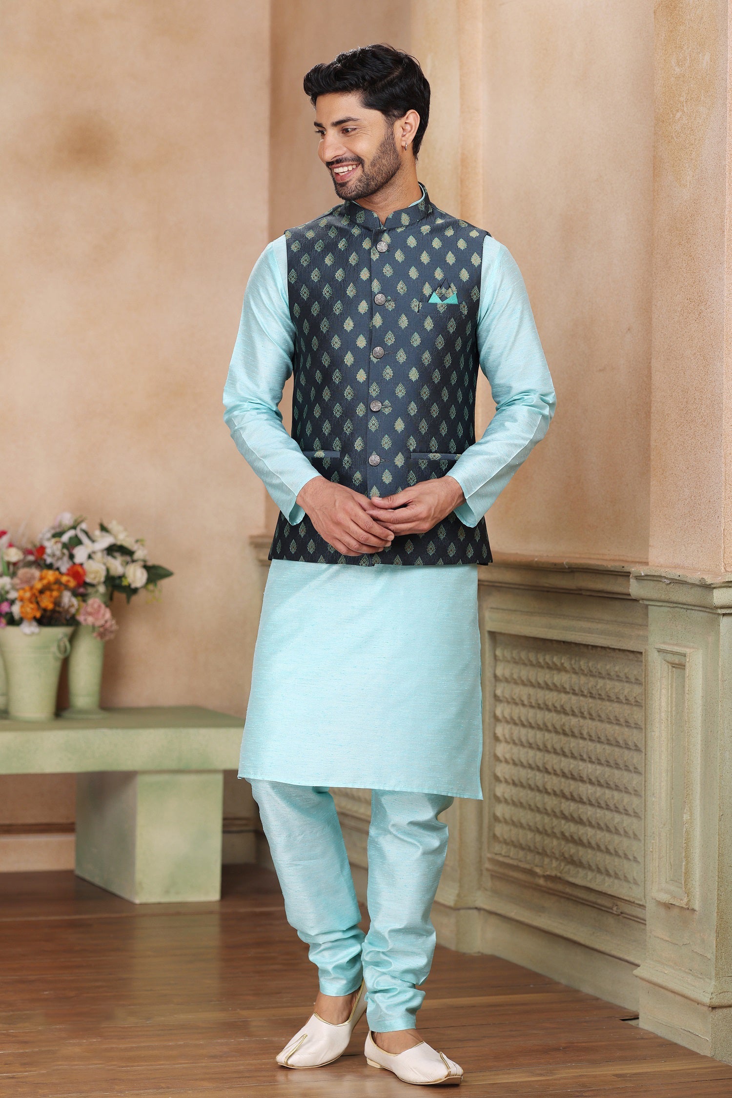 Sky Blue Indo Western & Kurta: Faux Georgette Elegance with Stunning Sequence & Thread Embroidery - Perfect for Parties and Weddings