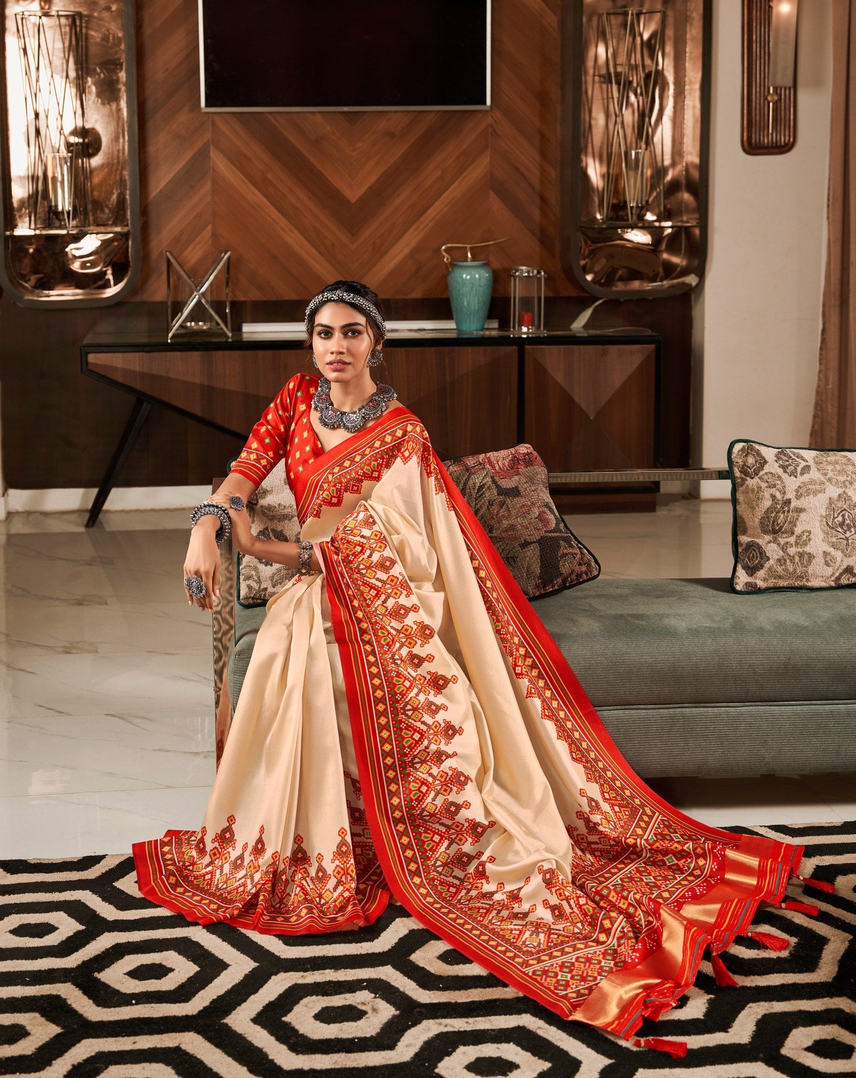 Exquisite RedCream Pure Tusser Patola Saree: Perfect for Party and Wedding Elegance