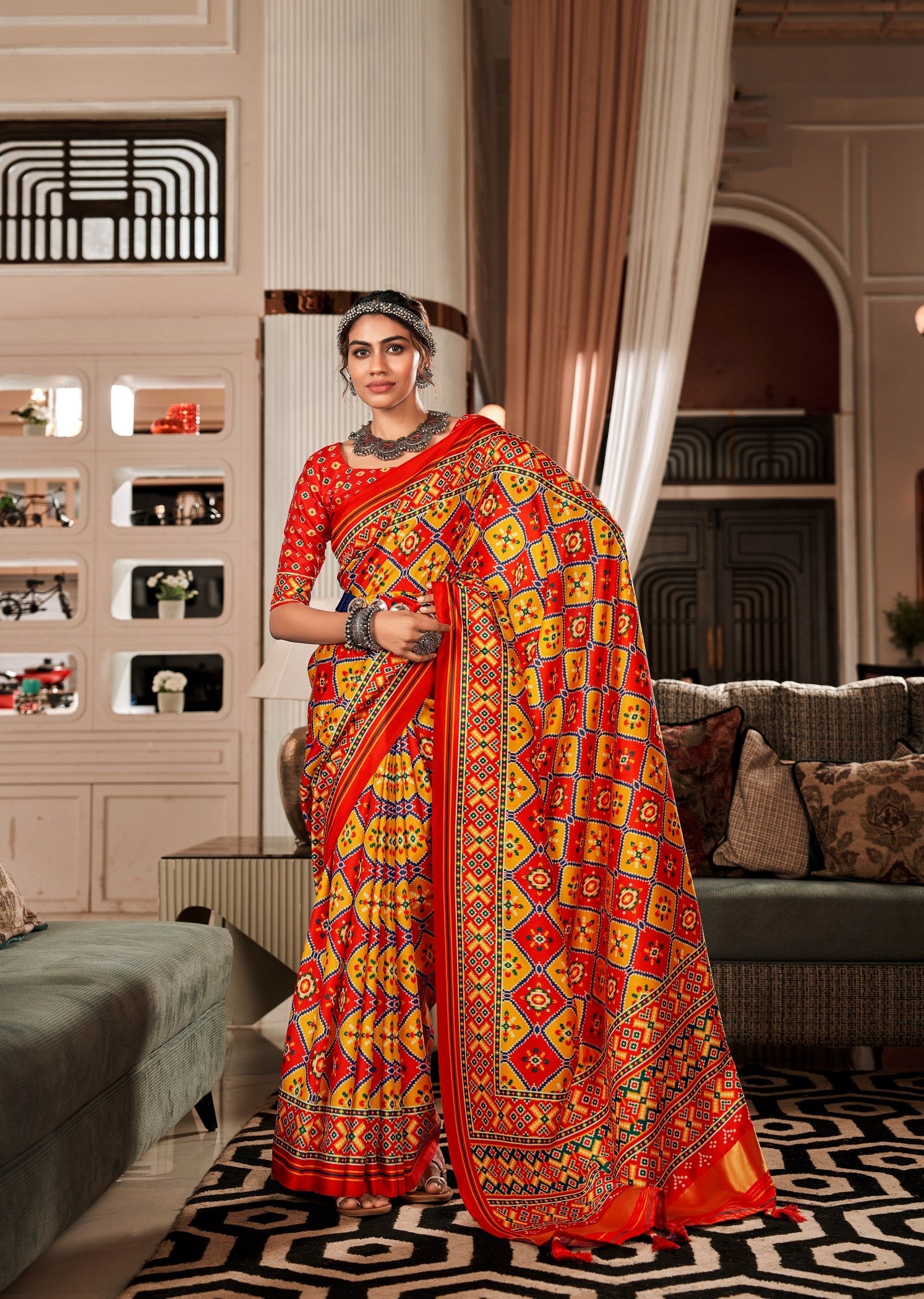Enchanting RedYellow Pure Tusser Patola Saree: Perfect for Parties and Weddings