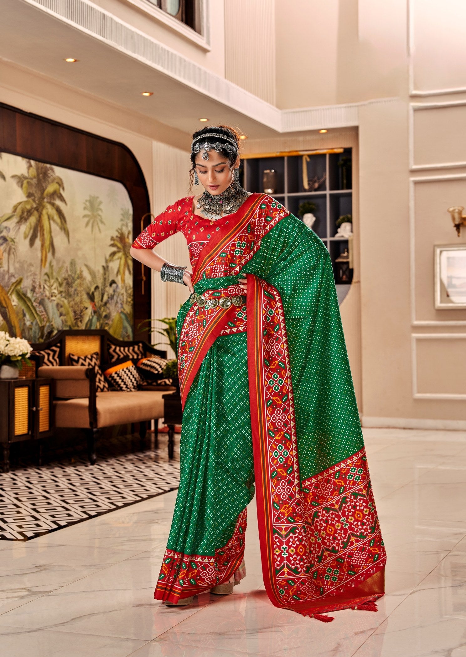 Exquisite Red-Green Pure Tusser Patola Saree: Perfect for Party and Wedding Wear