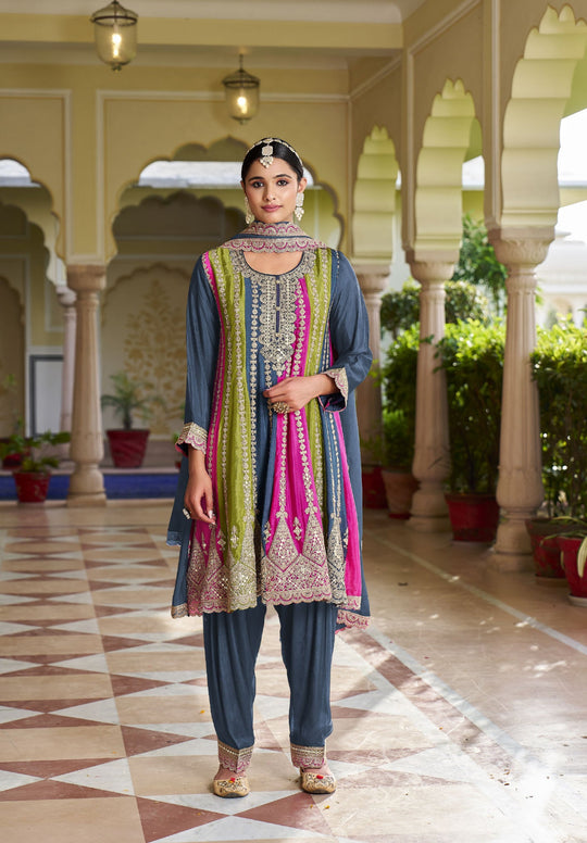 Elegant Blue Blooming Chinon Salwar Suit for Weddings and Parties