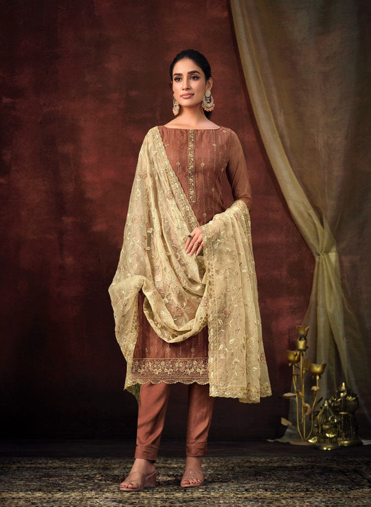 Elegant Brown Shimmer Salwar Suit with Embroidery: Perfect for Weddings & Parties