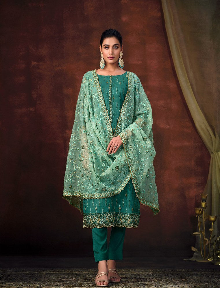 Elegant Blue Shimmer Organza Salwar Suit with Embroidery for Weddings and Parties