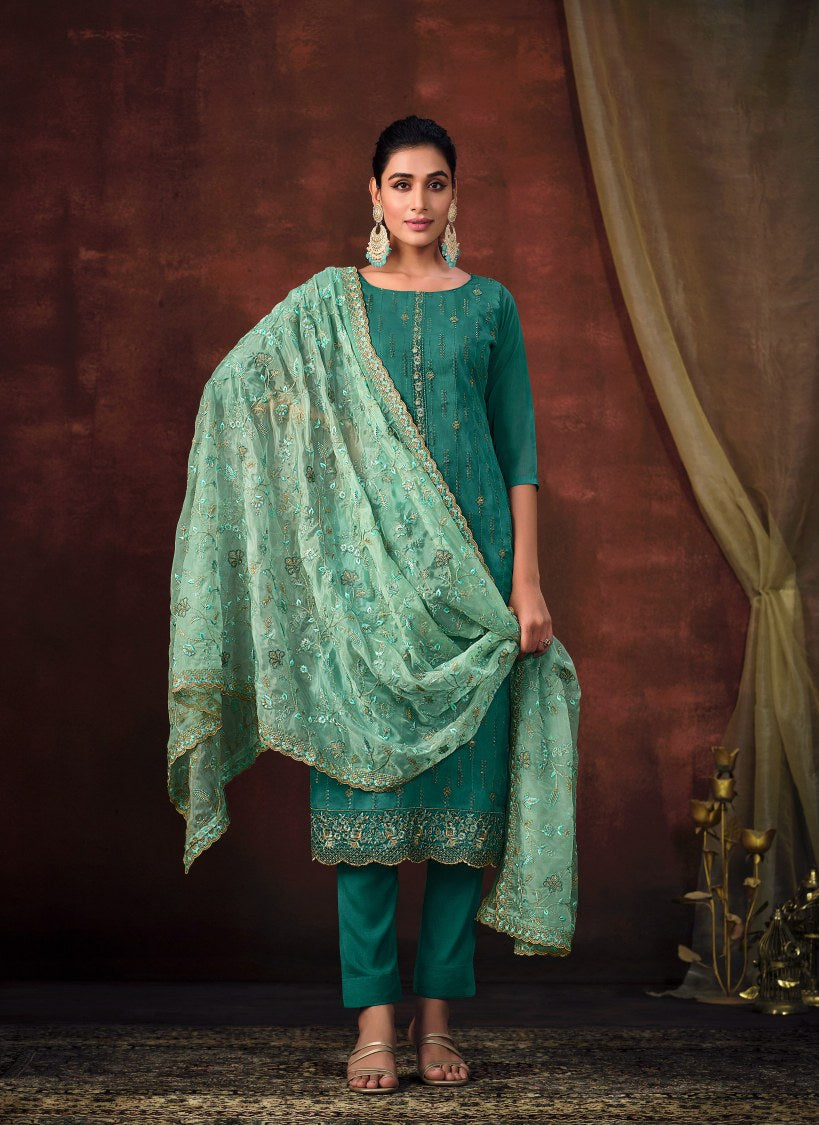 Elegant Blue Shimmer Organza Salwar Suit with Embroidery for Weddings and Parties