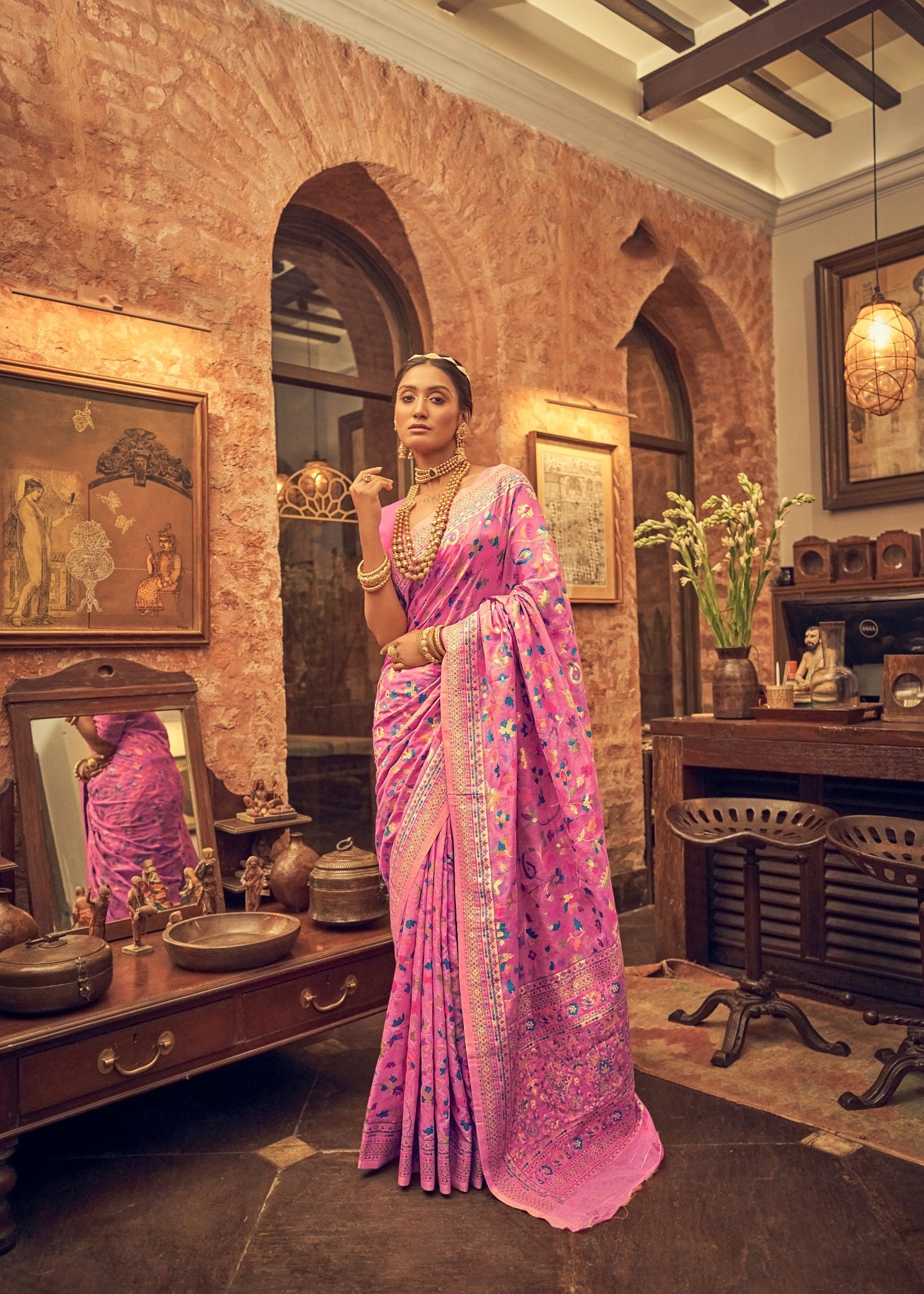 Enchanting Pink Kashmiri Modal Saree: Perfect for Parties and Weddings
