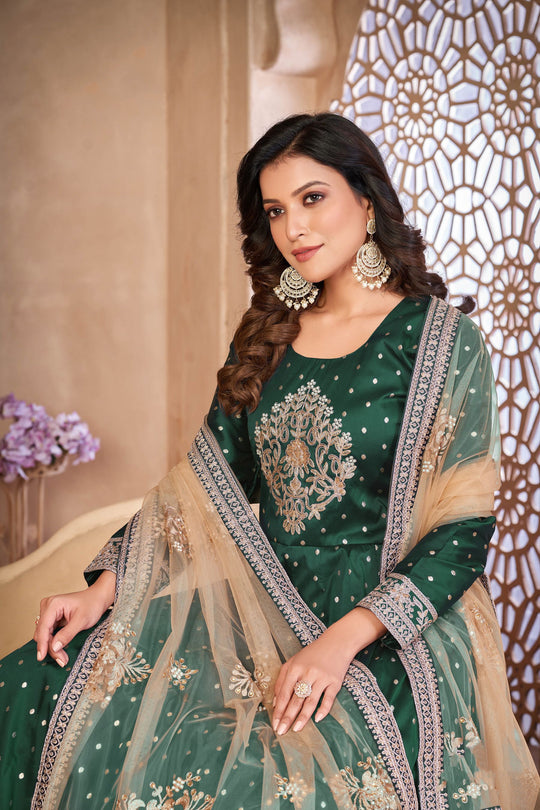 Enchanting Green Net Anarkali Gown with Heavy Silk Border: Perfect for Weddings and Parties