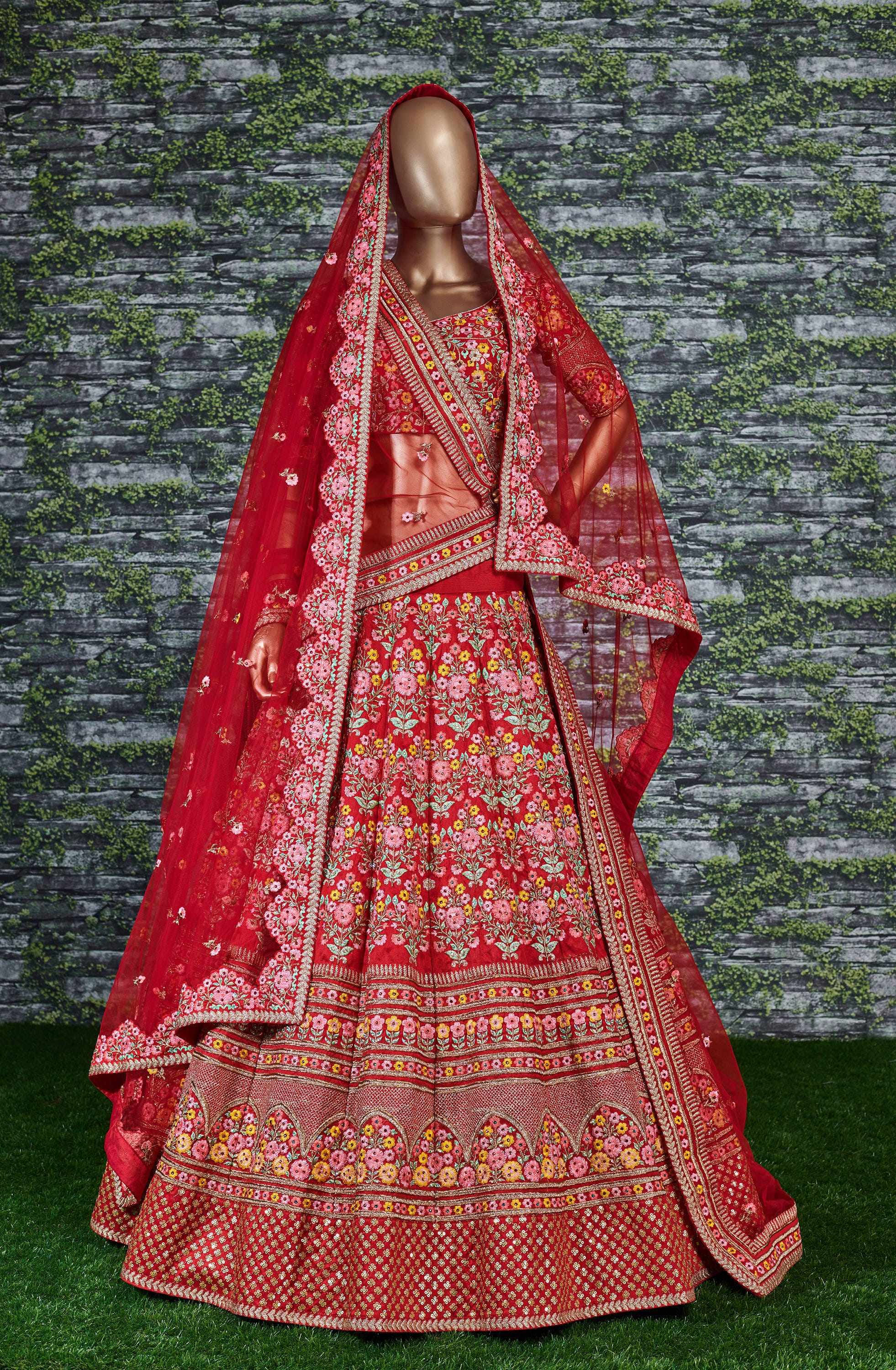 Ruby Elegance: Red Zari Lehenga Choli with Multicolor Embroidery and Stonework