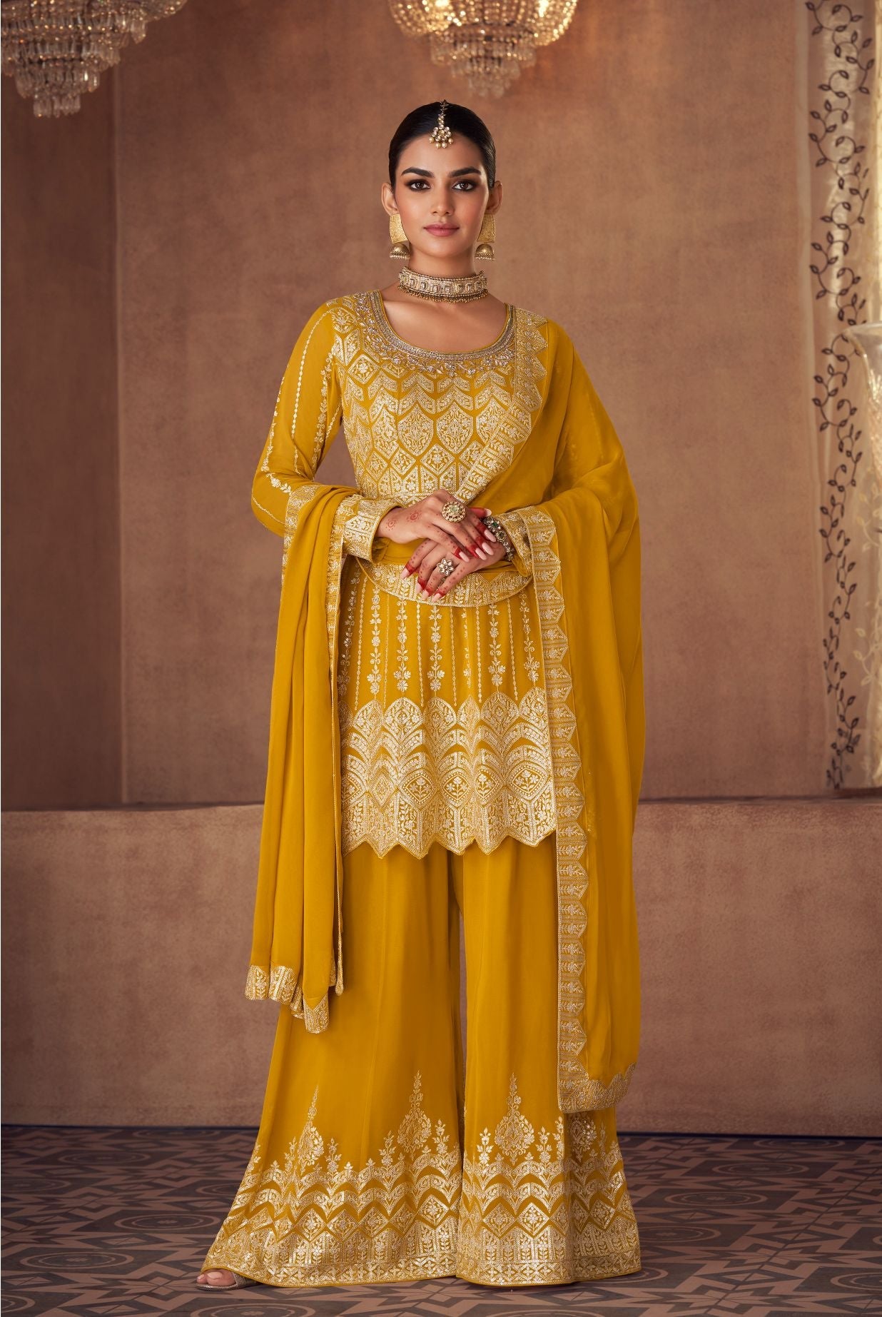 Radiant Yellow Georgette Sharara Salwar Suit with Embroidery for Party & Wedding
