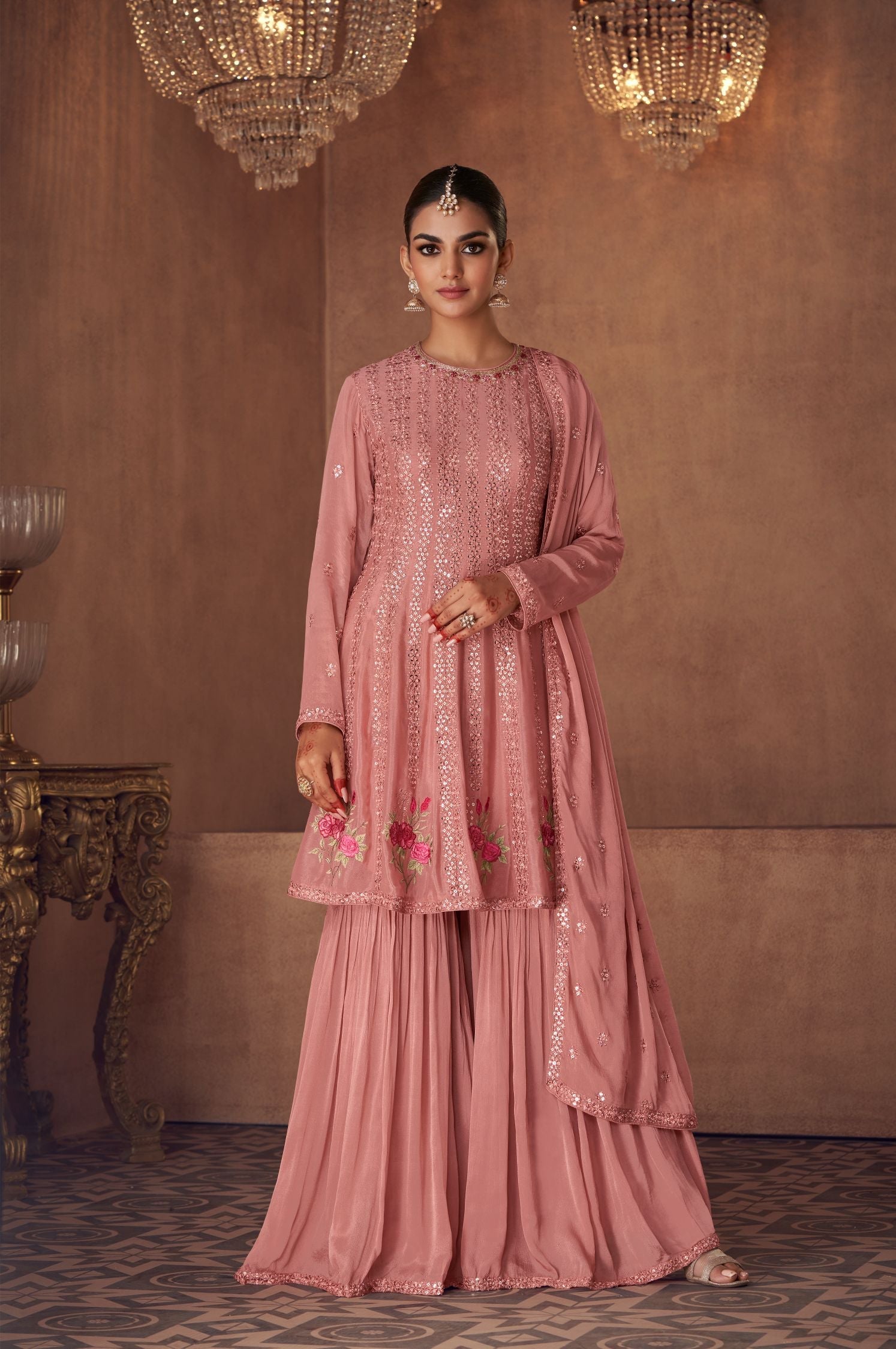 Elegant Pink Georgette Sharara Salwar Suit with Embroidery - Perfect for Parties and Weddings