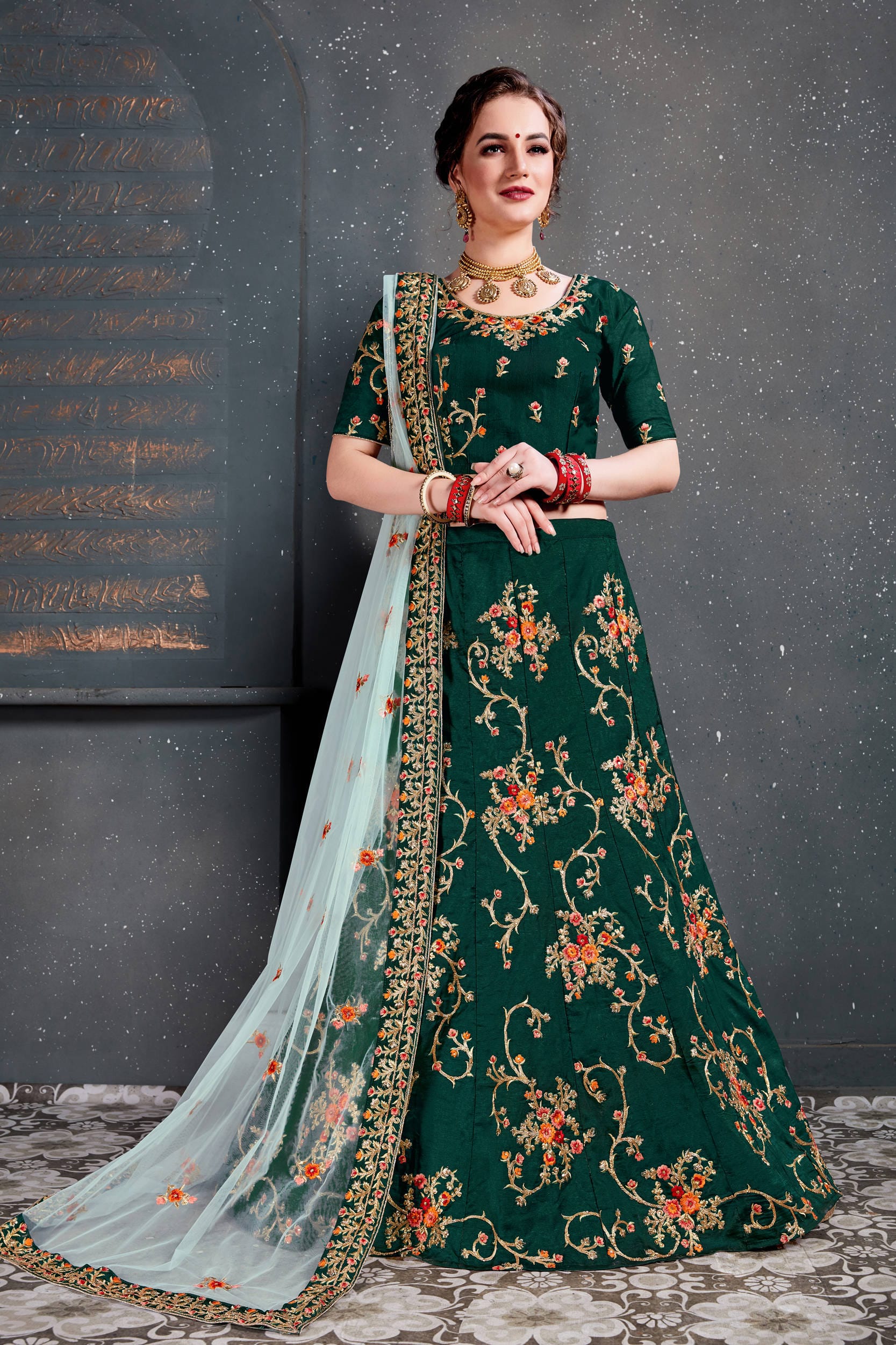 Green Thread, Dori, Zari Embroidered Lehenga Choli with Diamond Work - Perfect for Party & Wedding Wear in Tafeta Satin Silk