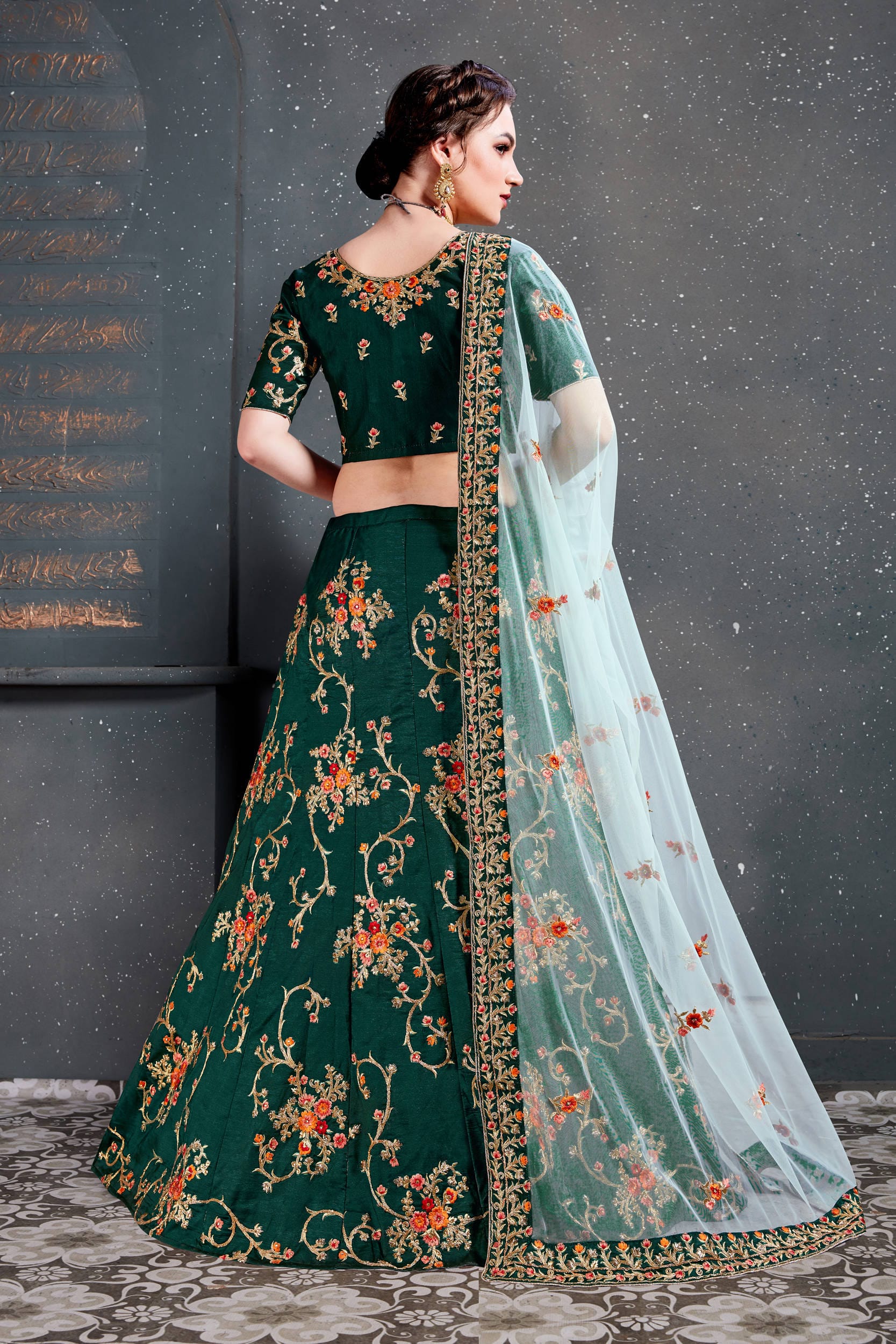 Green Thread, Dori, Zari Embroidered Lehenga Choli with Diamond Work - Perfect for Party & Wedding Wear in Tafeta Satin Silk