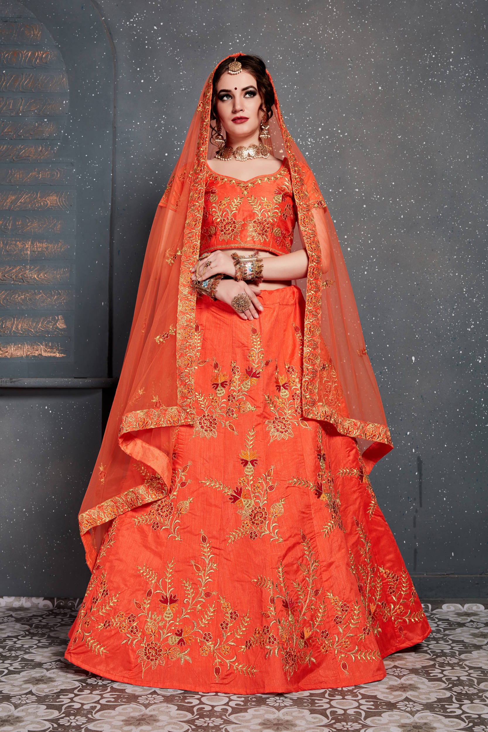 Orange Thread & Zari Embroidered Lehenga Choli: Sparkling Elegance for Parties & Weddings!