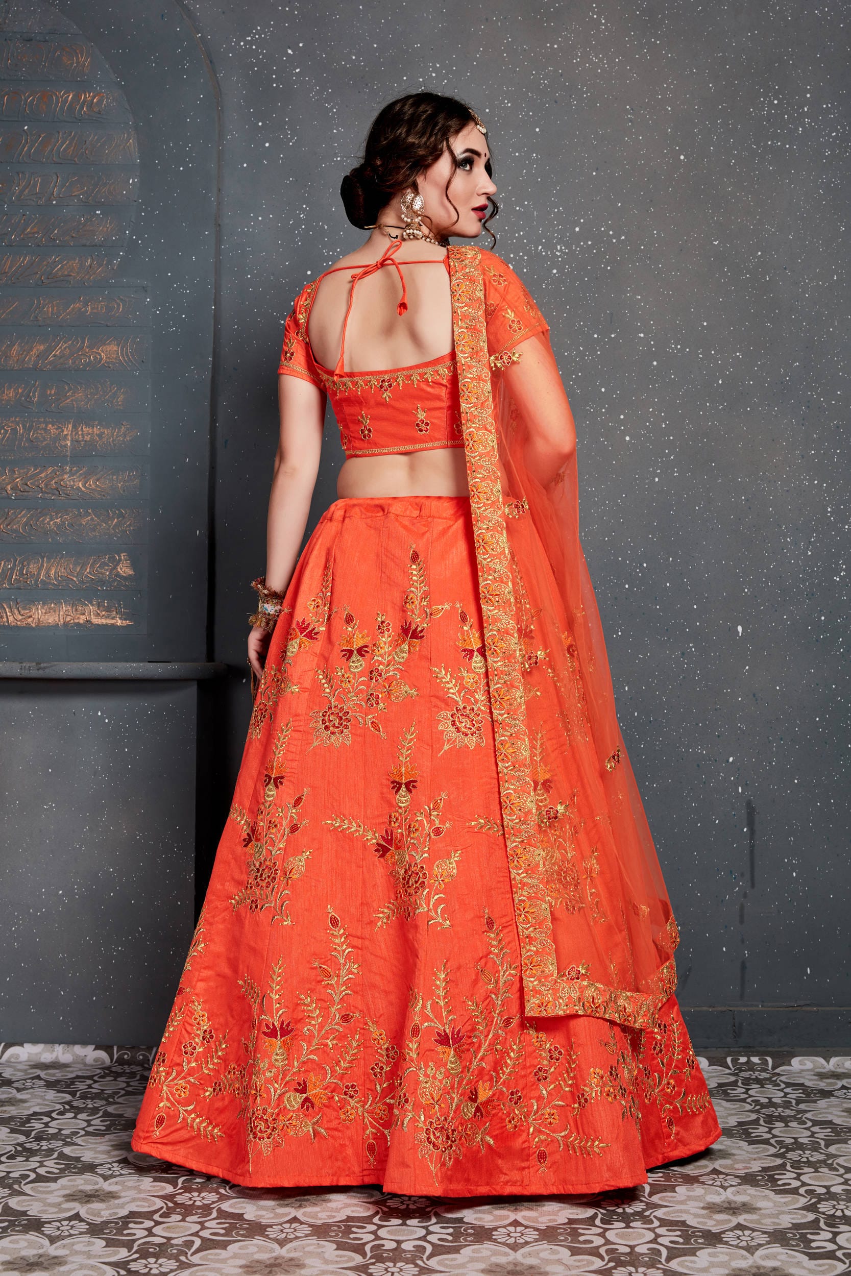 Orange Thread & Zari Embroidered Lehenga Choli: Sparkling Elegance for Parties & Weddings!