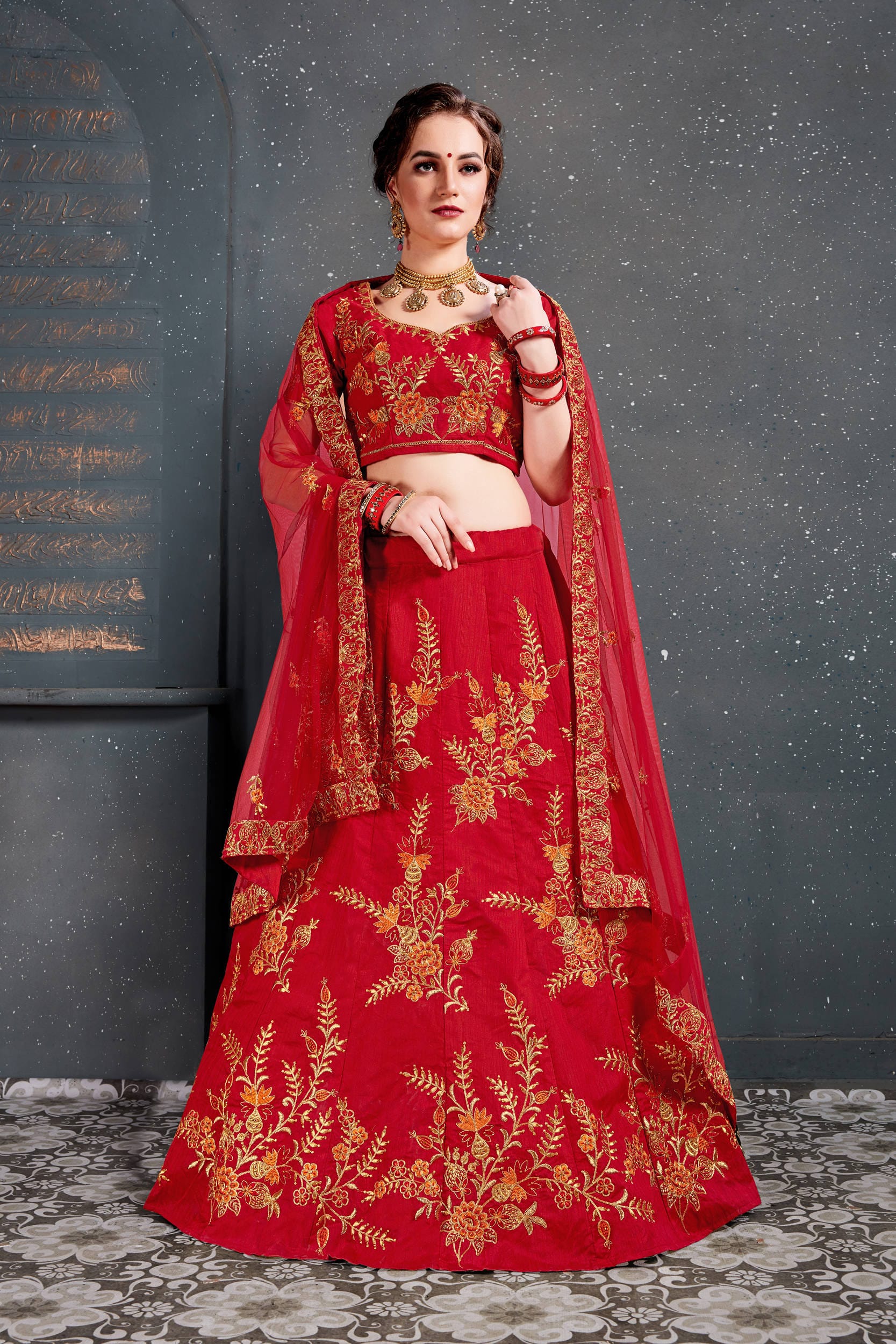 Exquisite Red Thread & Zari Embroidered Lehenga Choli with Diamond Work - Perfect for Party & Wedding Wear in Luxurious Slub Silk