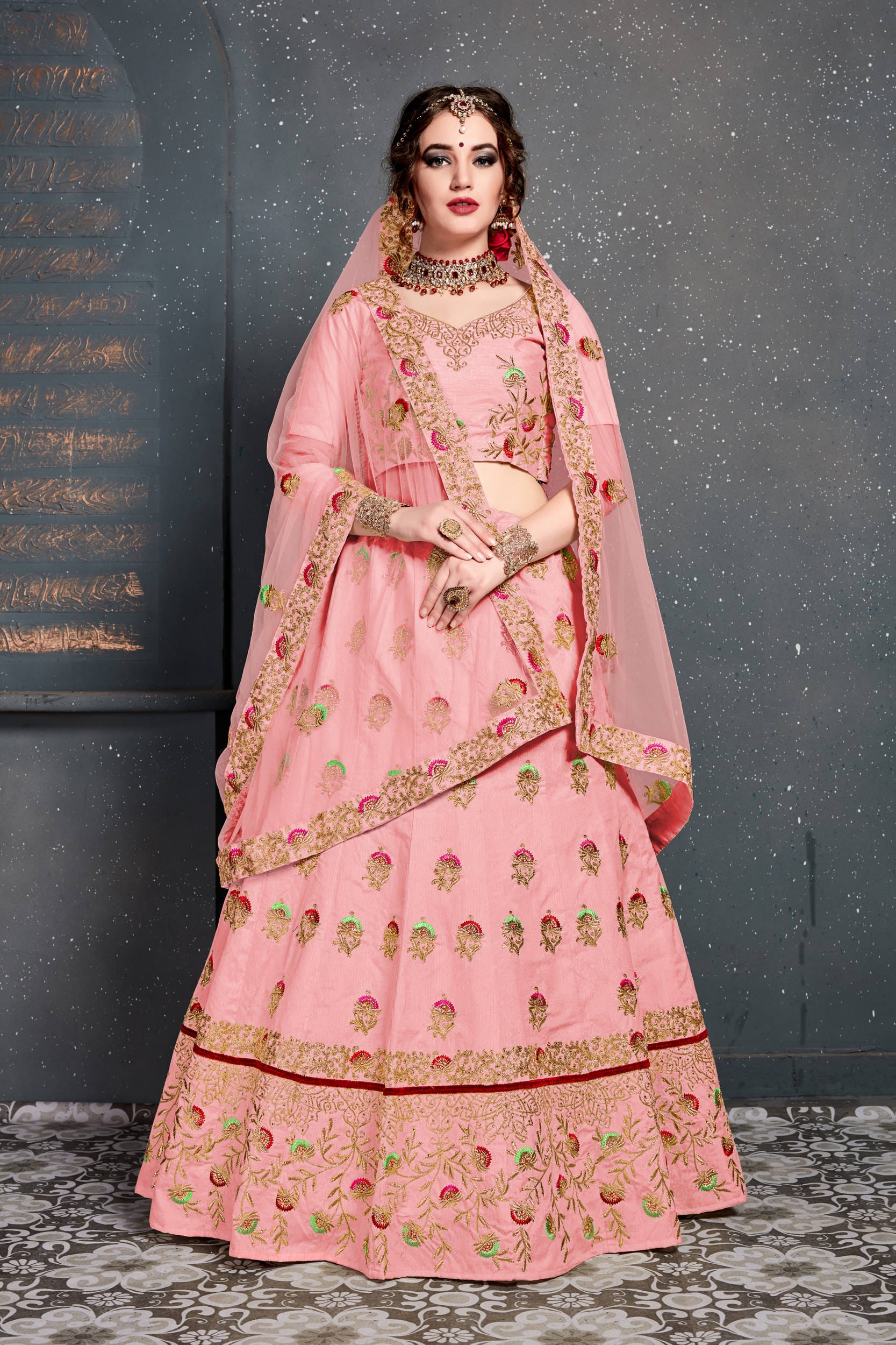 Exquisite Baby Pink Embroidered Lehenga Choli: Dazzling Thread, Dori, Zari, and Diamond Work on Slub Silk for Party & Wedding Wear