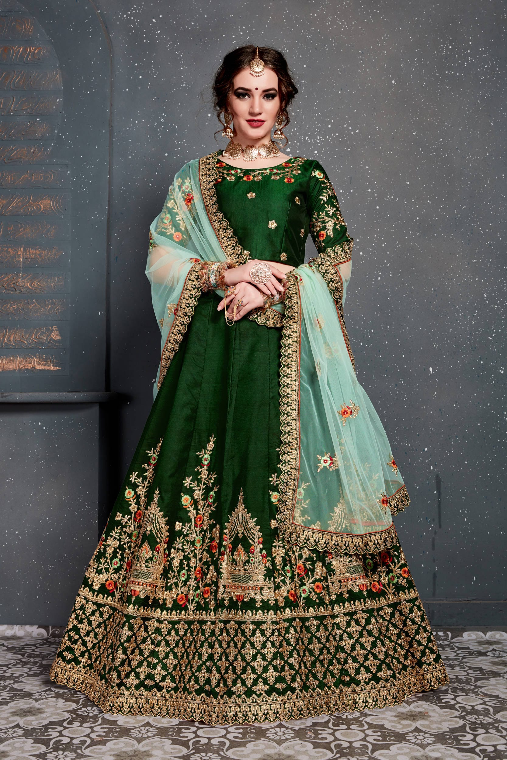 Darkgreen Thread, Dori, Zari Embroidered Lehenga Choli with Diamond Work: Perfect Party & Wedding Wear in Tafeta Satin Silk