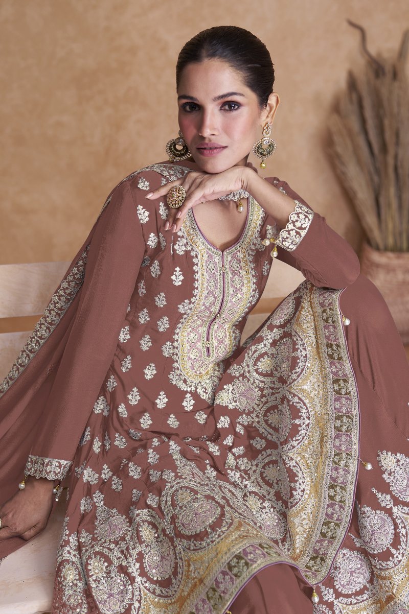 Elegant Brown Sharara Salwar Suit: Intricate Embroidery for Parties & Weddings"