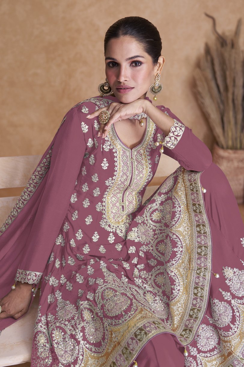 Elegant Pink Sharara Salwar Suit: Intricate Embroidery for Party and Wedding