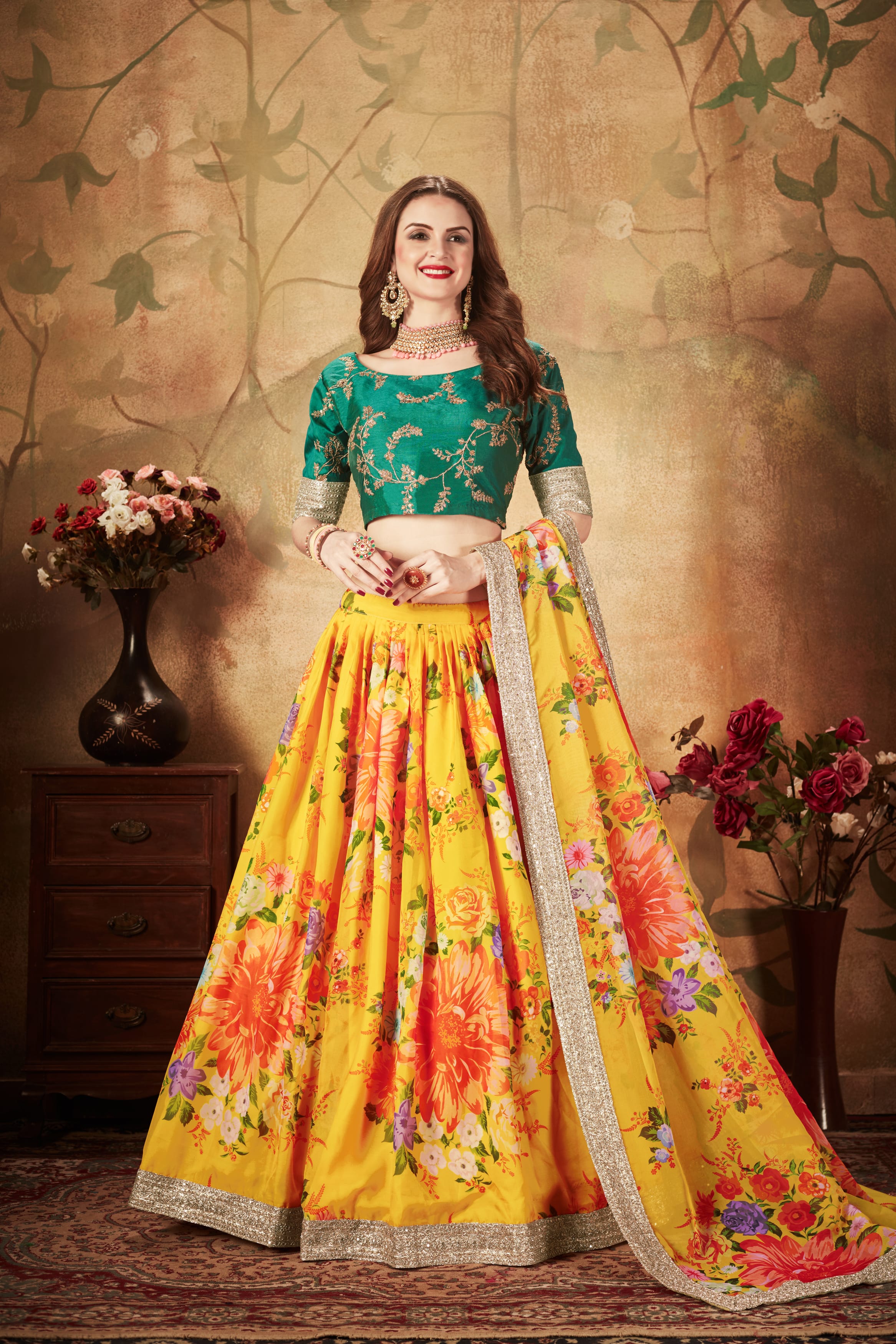 Elegant Yellow and Green Digital Print Lehenga Choli with Exquisite Embroidery