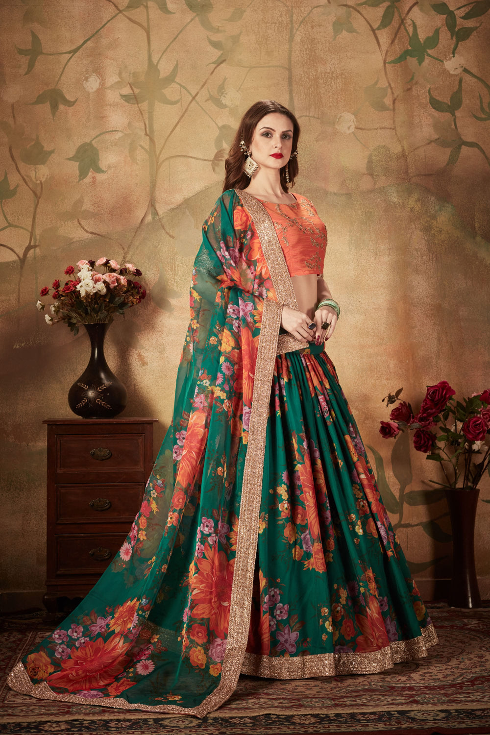 Elegant Green and Orange Digital Print Lehenga Choli with Exquisite Embroidery