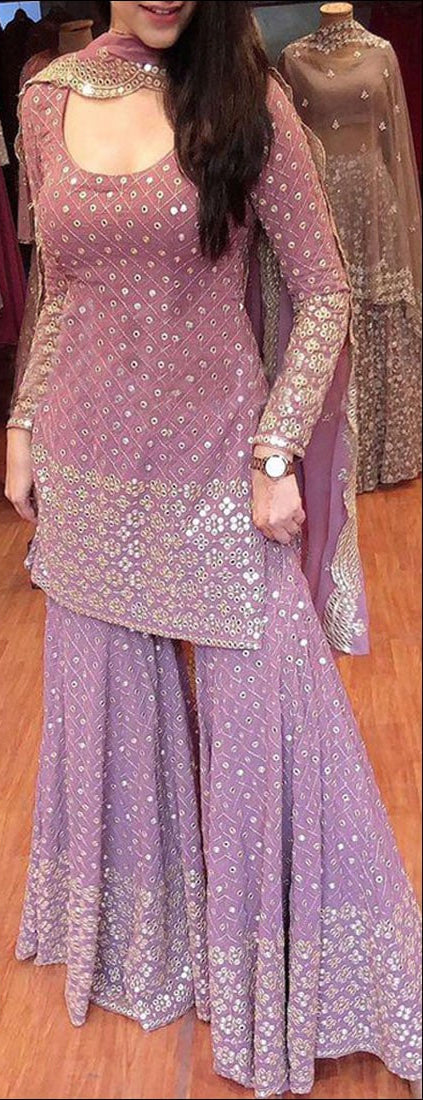 Elegant FALSA Sharara Salwar Suit with Intricate Thread and Sequence Embellishments