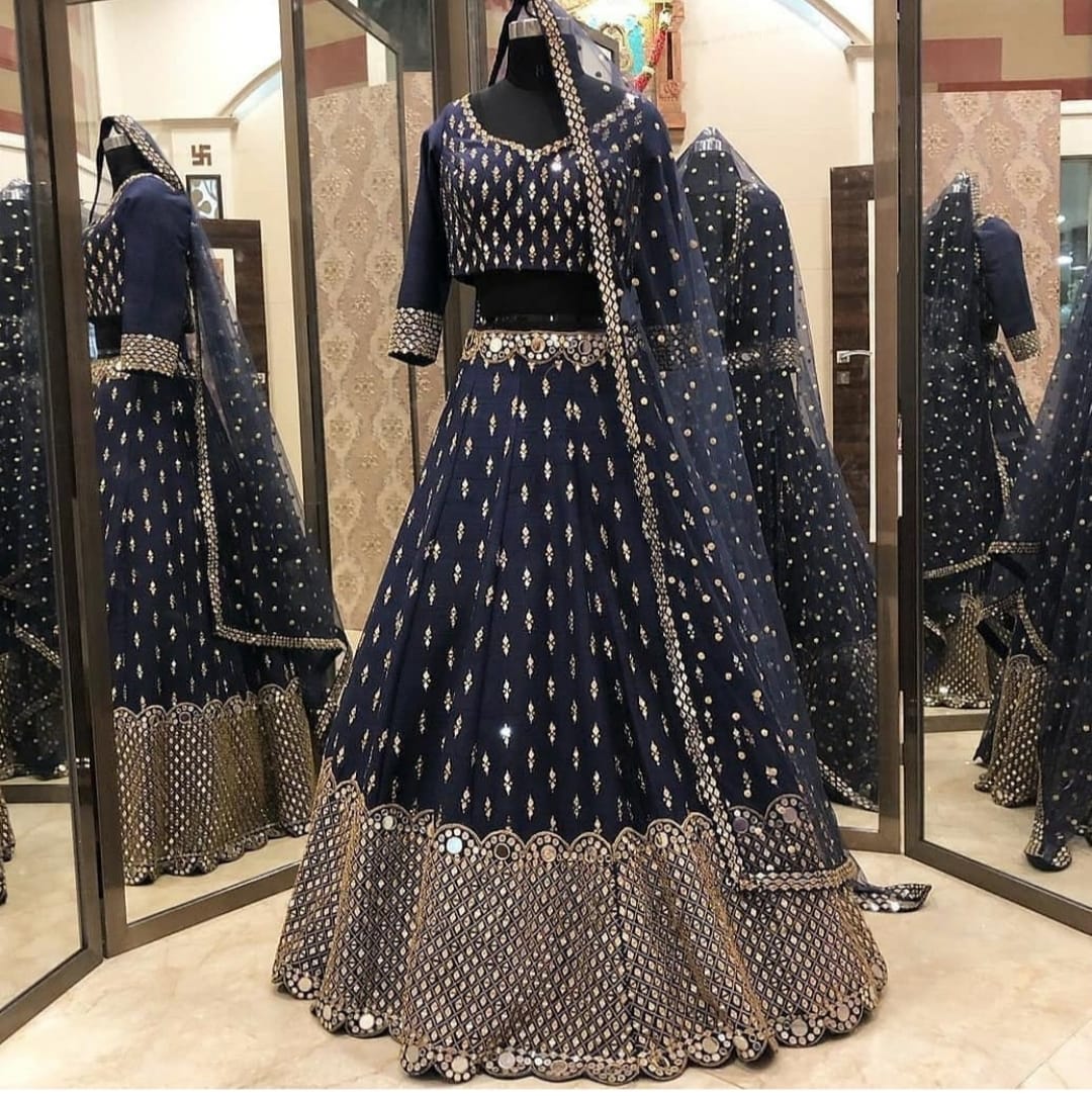 Navy Blue Lehenga Choli: Intricate Multi-Thread Sequence and Mirror Embroidery