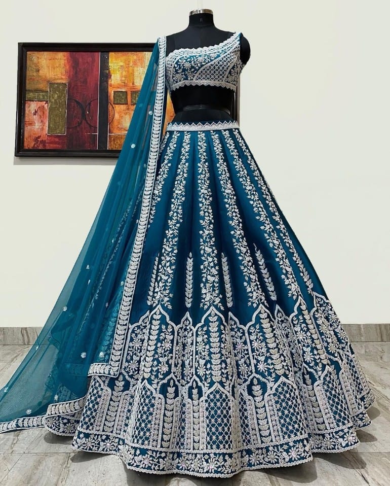 Enchanting Morpich Lehenga Choli with Intricate Corded Sequin Embroidery