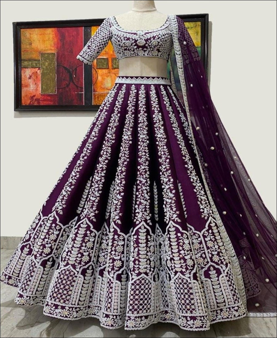 Elegant Purple Lehenga Choli adorned with Intricate Corded Sequin Embroidery and Luxurious Chinon Fabric