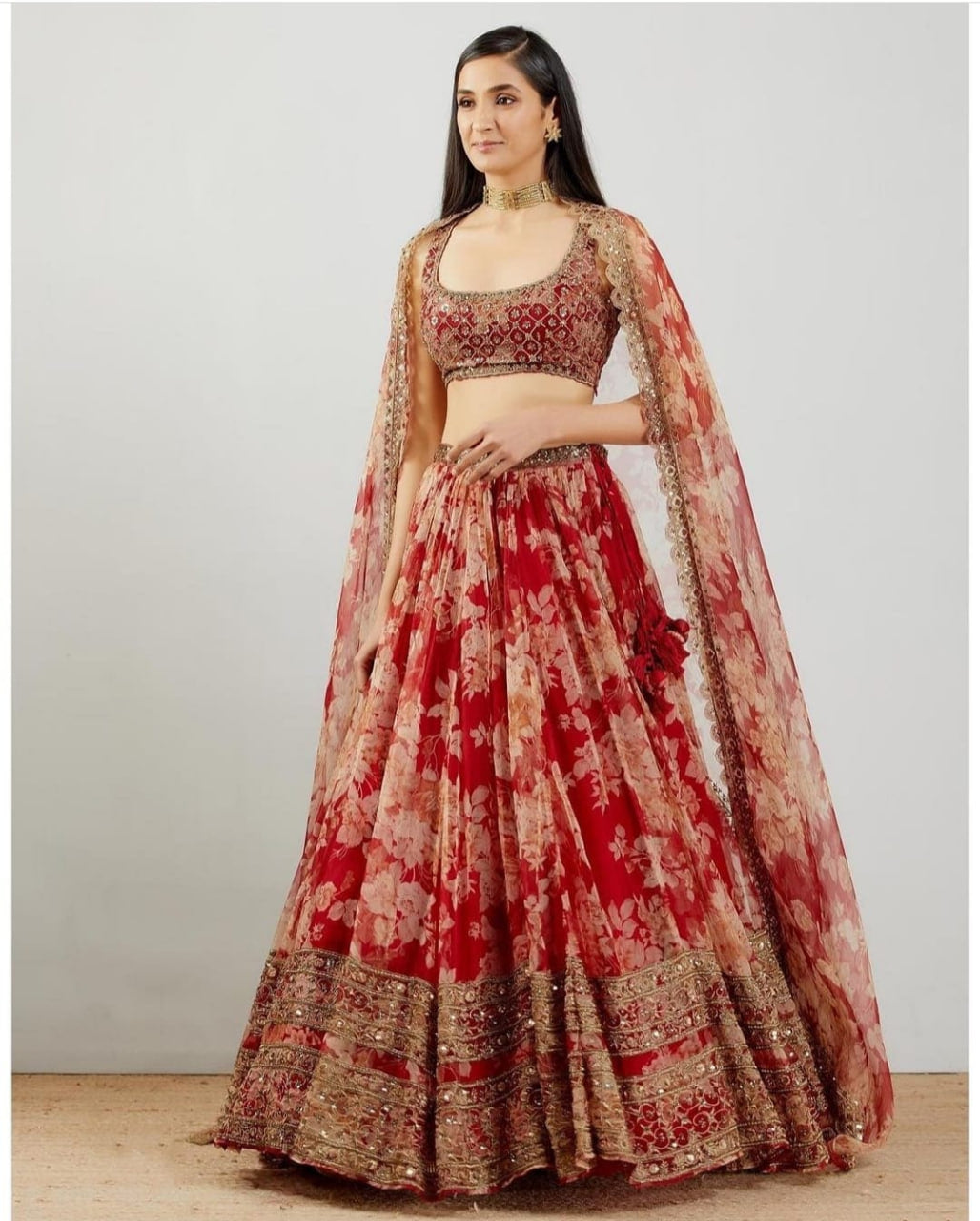 Elegant Red Lehenga Choli adorned with Intricate Thread Sequence Embroidery and Digital Printed Faux Georgette